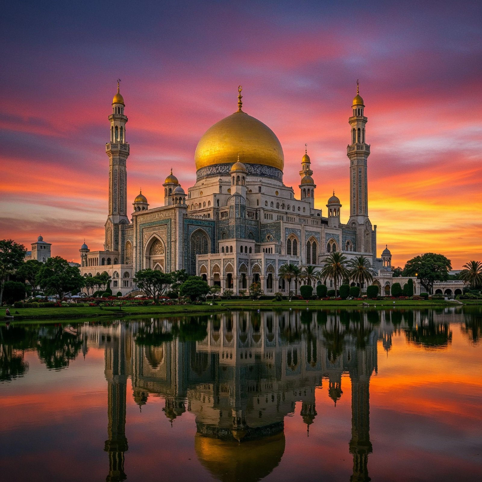 Majestic Golden Domed Islamic Mosque with Reflection at Dramatic Sunset Landscape