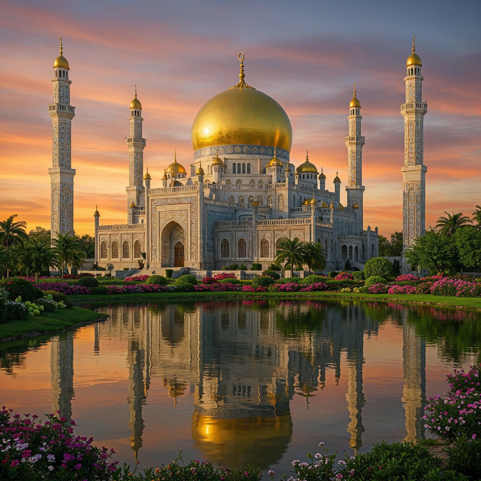 Majestic Golden Domed Islamic Mosque with Reflection at Dramatic Sunset Landscape