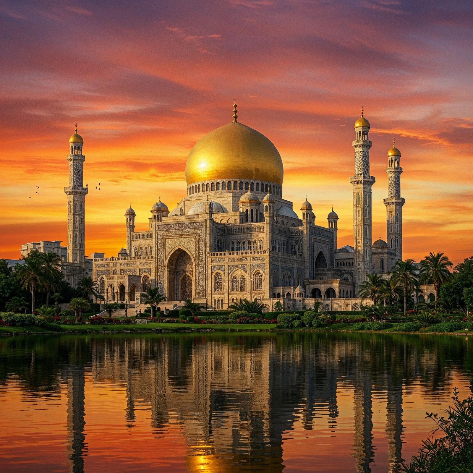 Majestic Golden Domed Islamic Mosque with Reflection at Dramatic Sunset Landscape