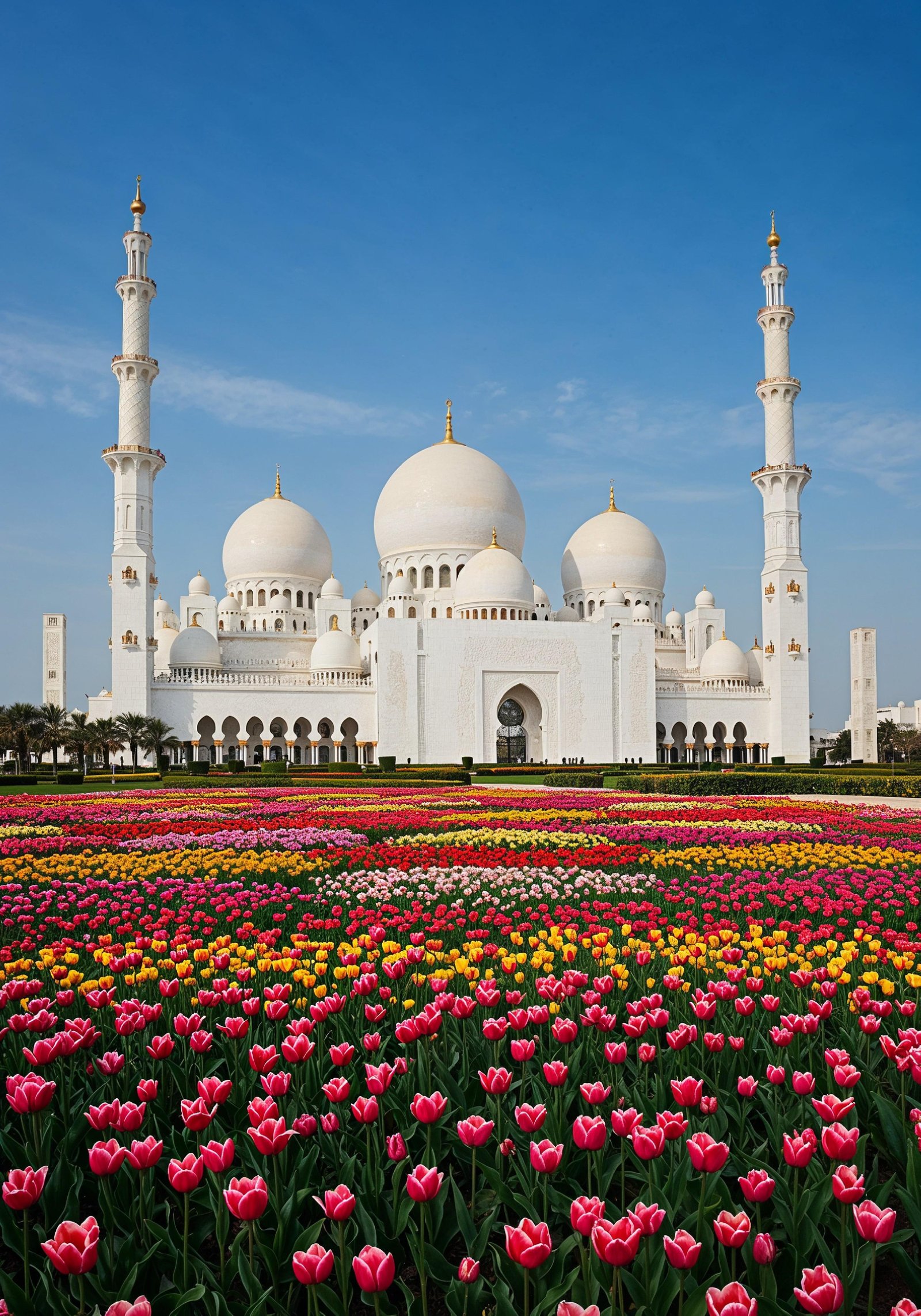 Majestic Islamic Mosque with Colorful Flower Garden Landscape