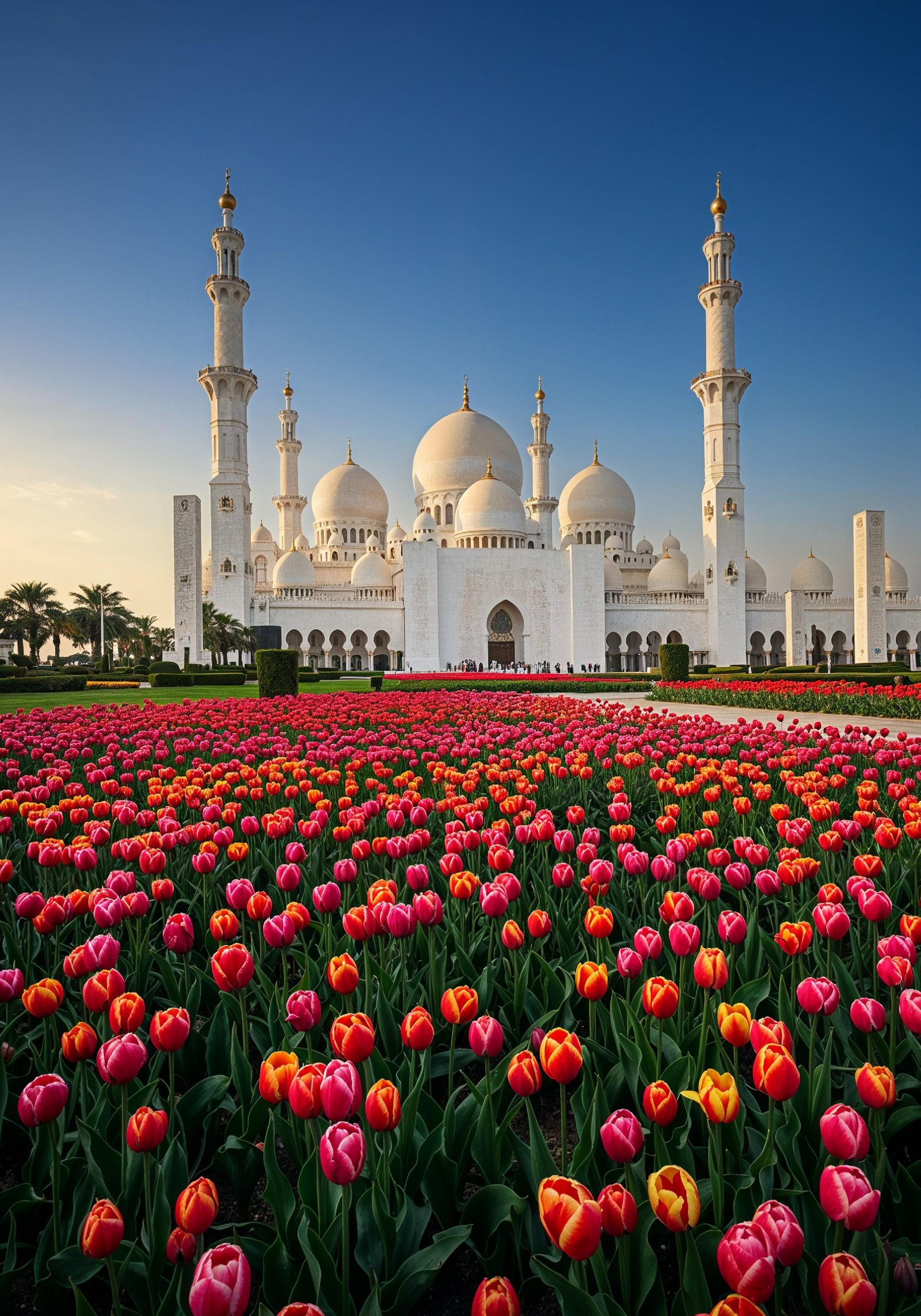 Majestic Islamic Mosque with Colorful Flower Garden Landscape