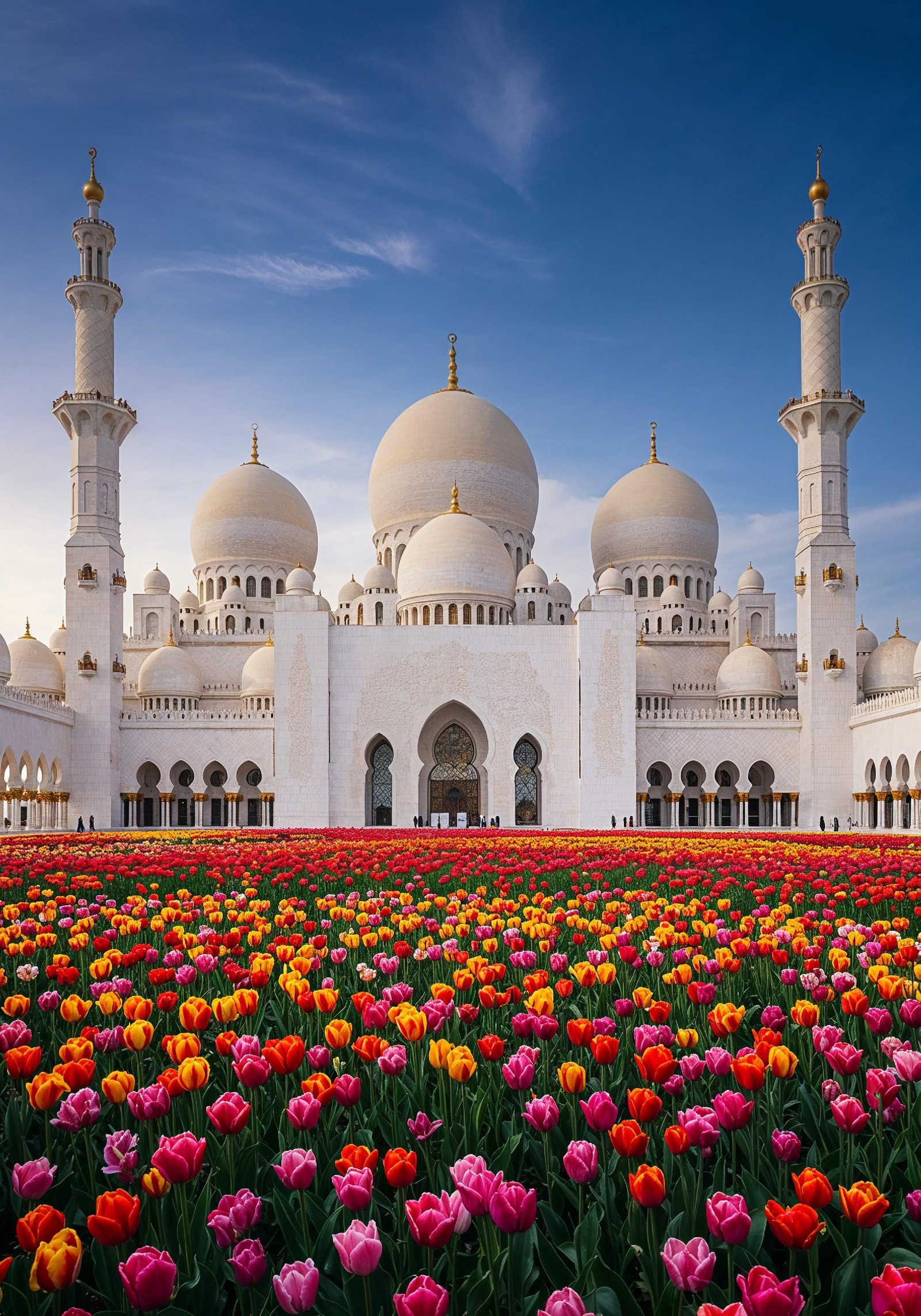 Majestic Islamic Mosque with Colorful Flower Garden Landscape