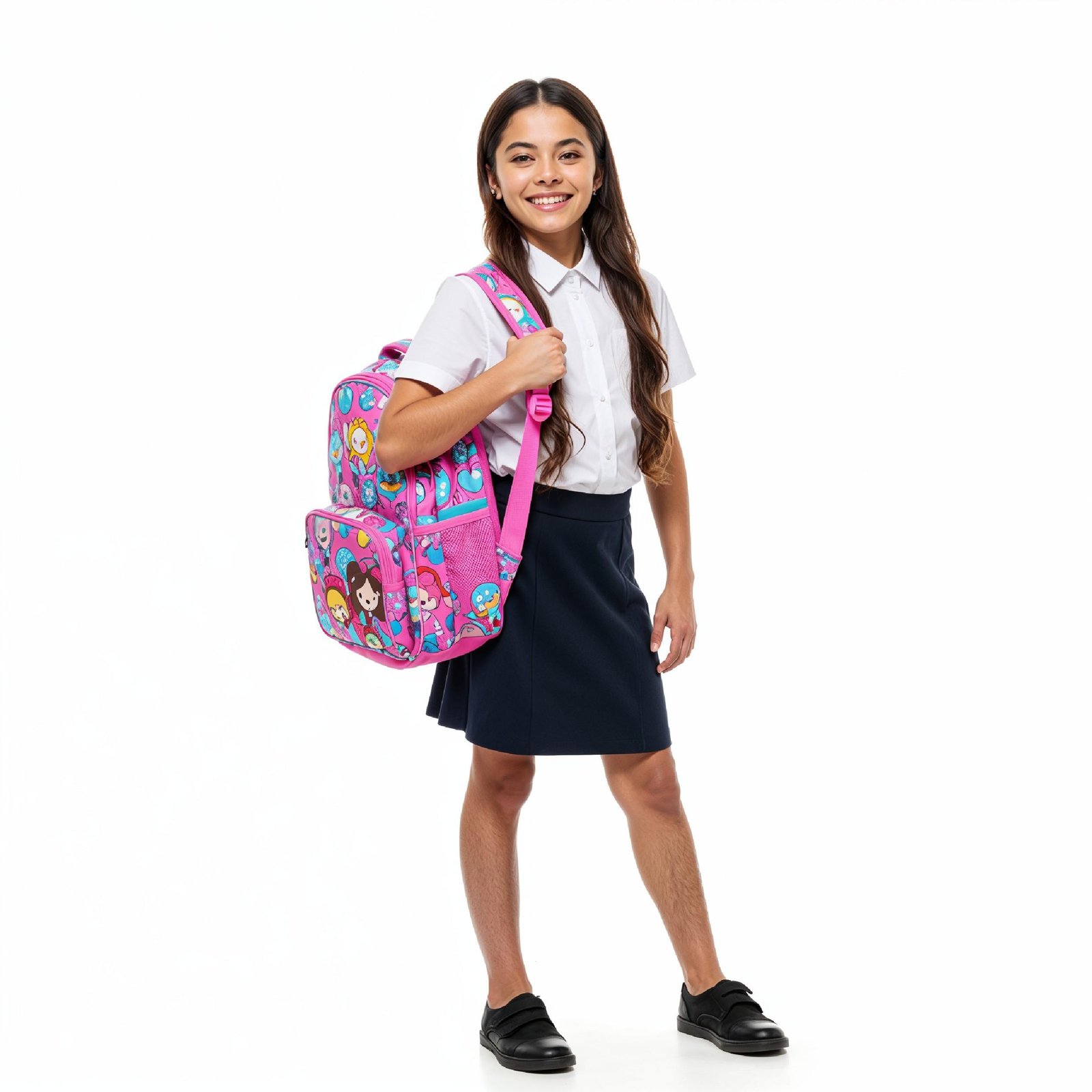 10 Year Old School Girl Posing with Colorful Backpack Isolated on White Background