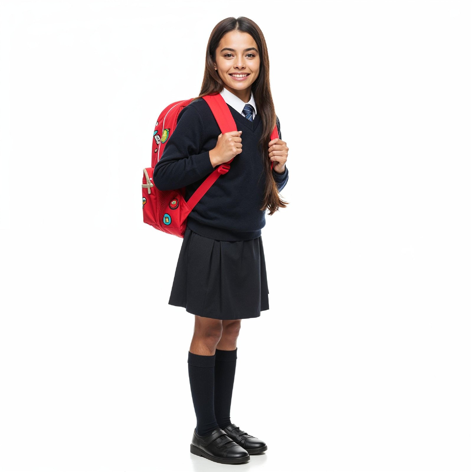 10 Year Old School Girl Posing with Colorful Backpack Isolated on White Background