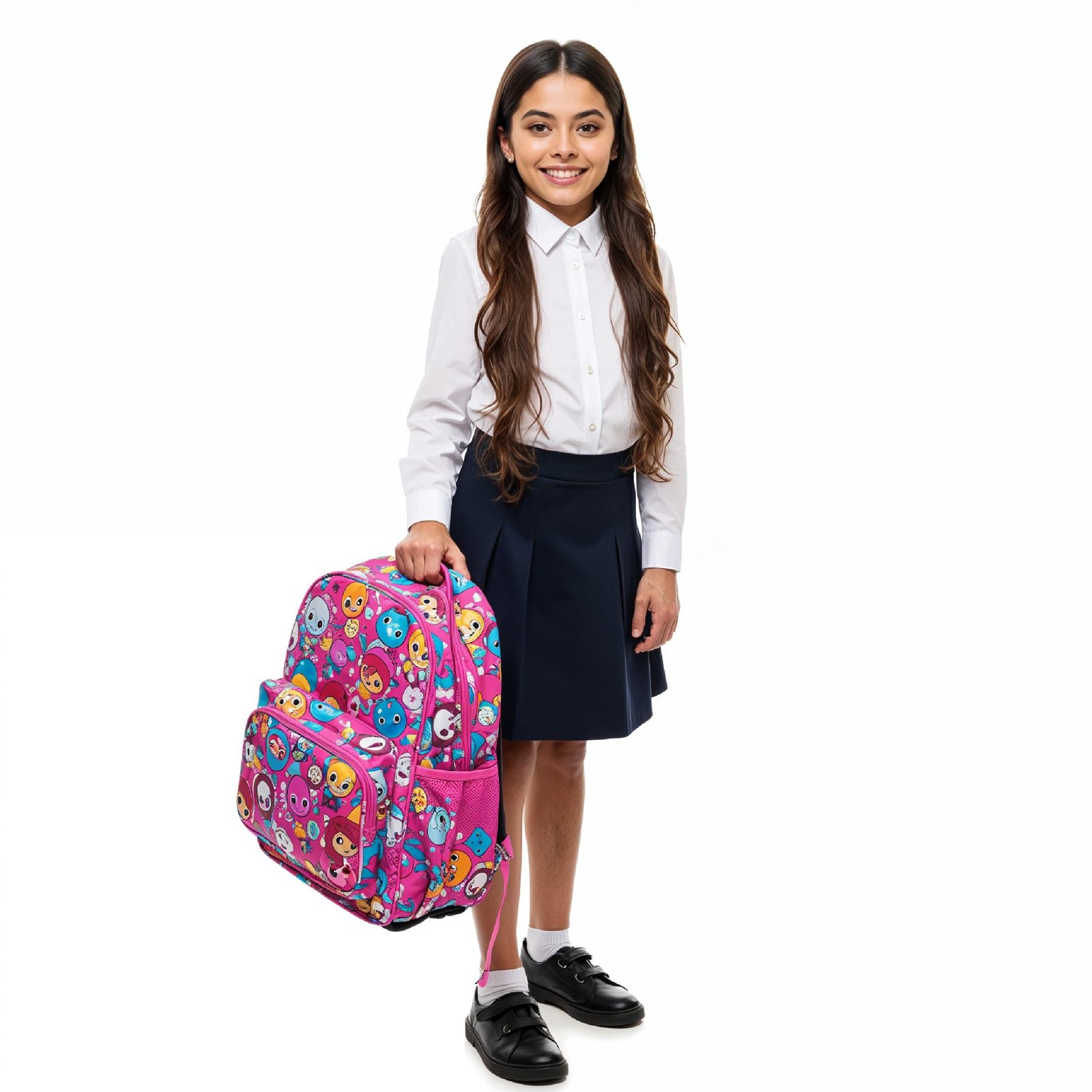 10 Year Old School Girl Posing with Colorful Backpack Isolated on White Background