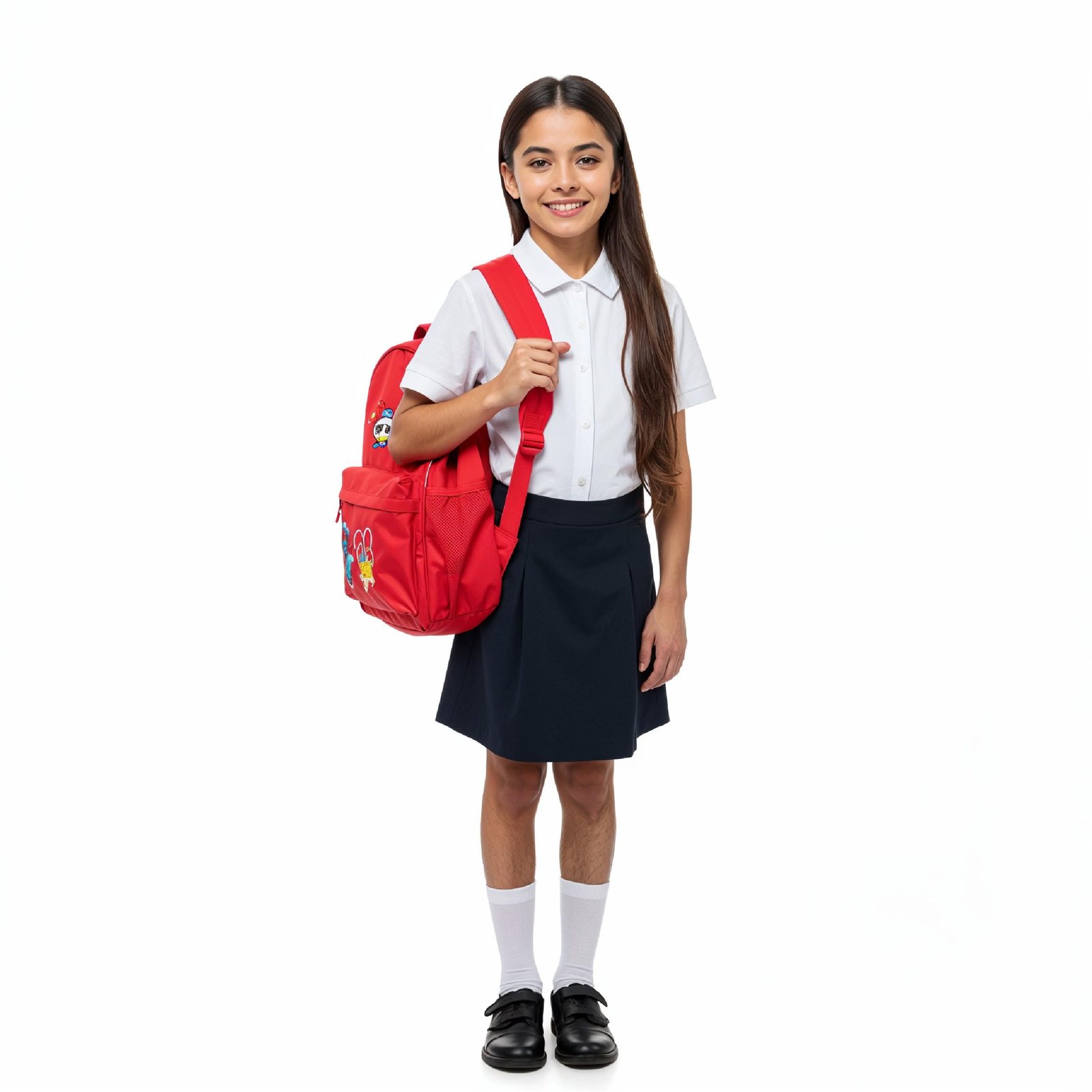 10 Year Old School Girl Posing with Colorful Backpack Isolated on White Background