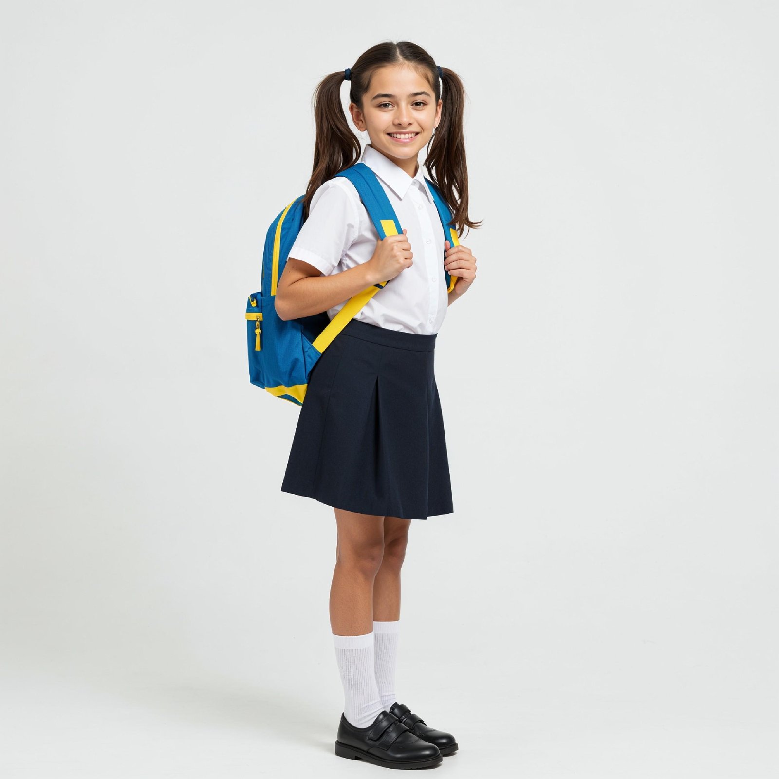 10 Year Old School Girl Posing with Colorful Backpack Isolated on White Background