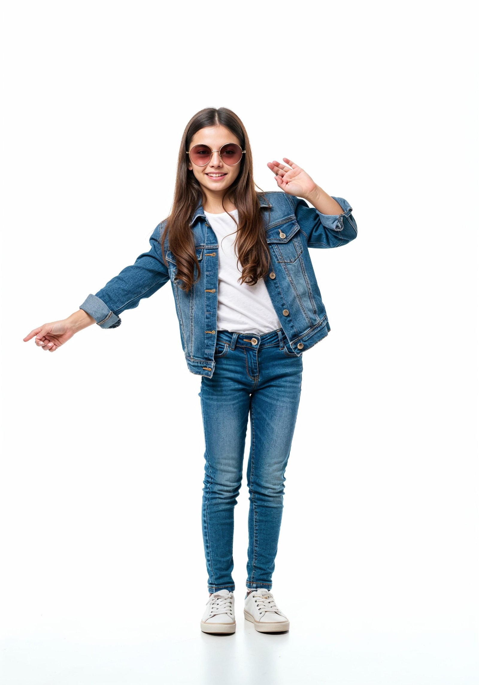 Adorable Young Girl in Denim Jacket and Sunglasses Posing on White Background Portrait