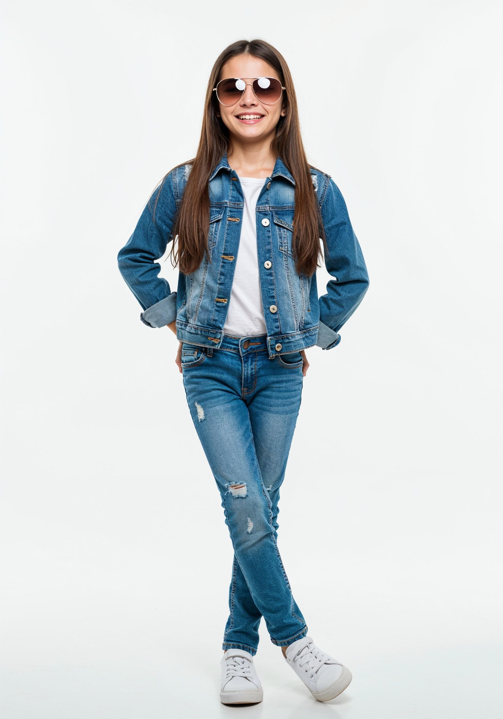 Adorable Young Girl in Denim Jacket and Sunglasses Posing on White Background Portrait