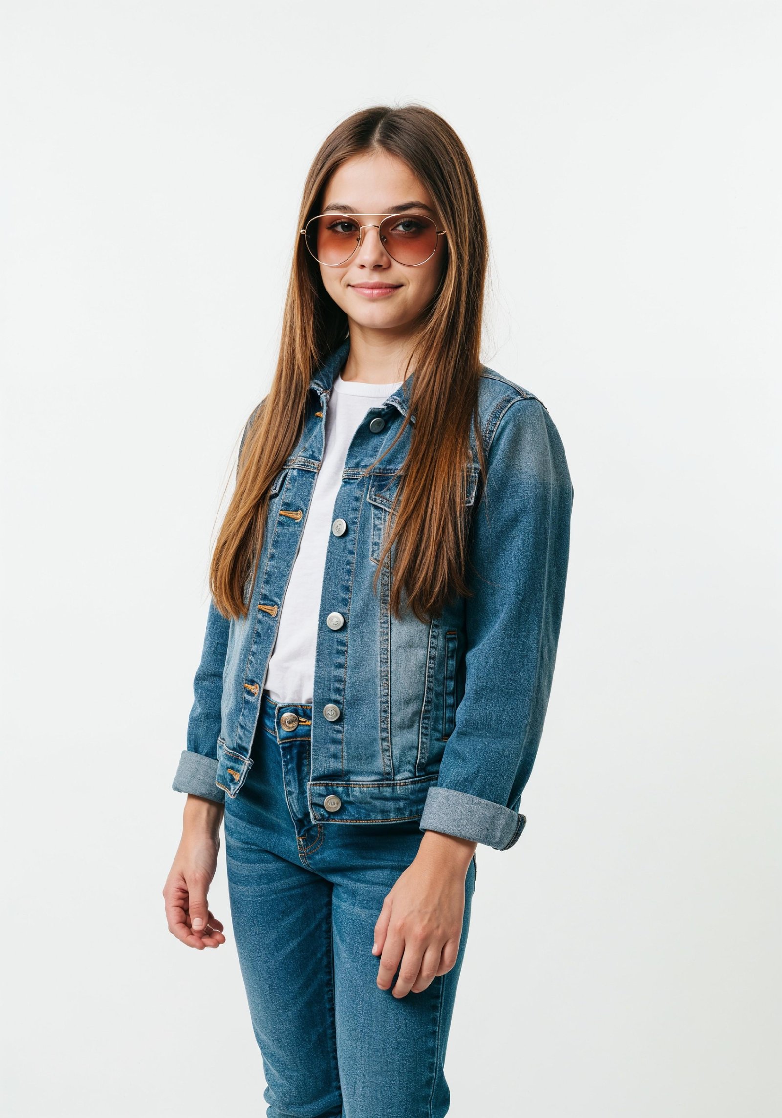 Adorable Young Girl in Denim Jacket and Sunglasses Posing on White Background Portrait