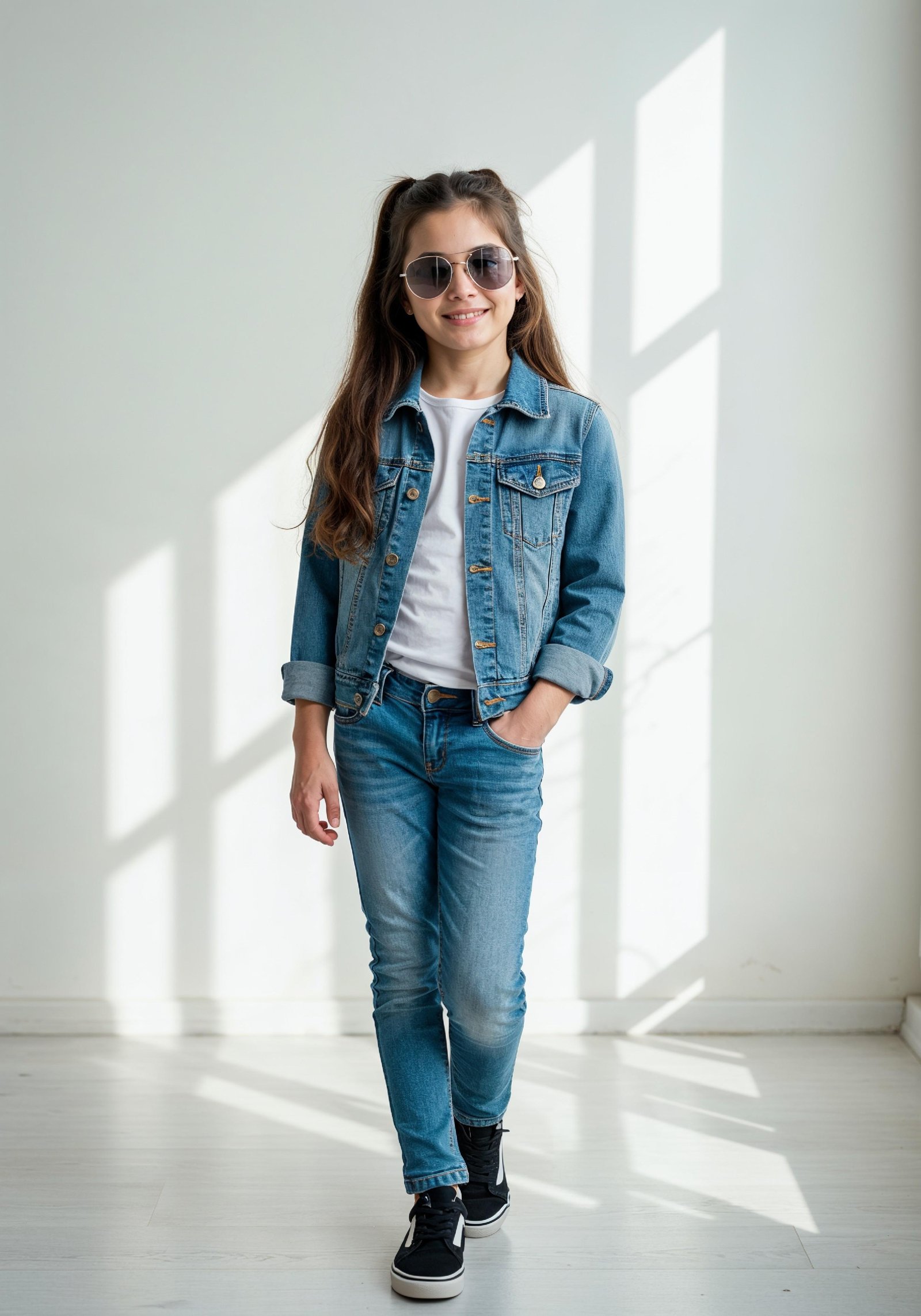 Adorable Young Girl in Denim Jacket and Sunglasses Posing on White Background Portrait
