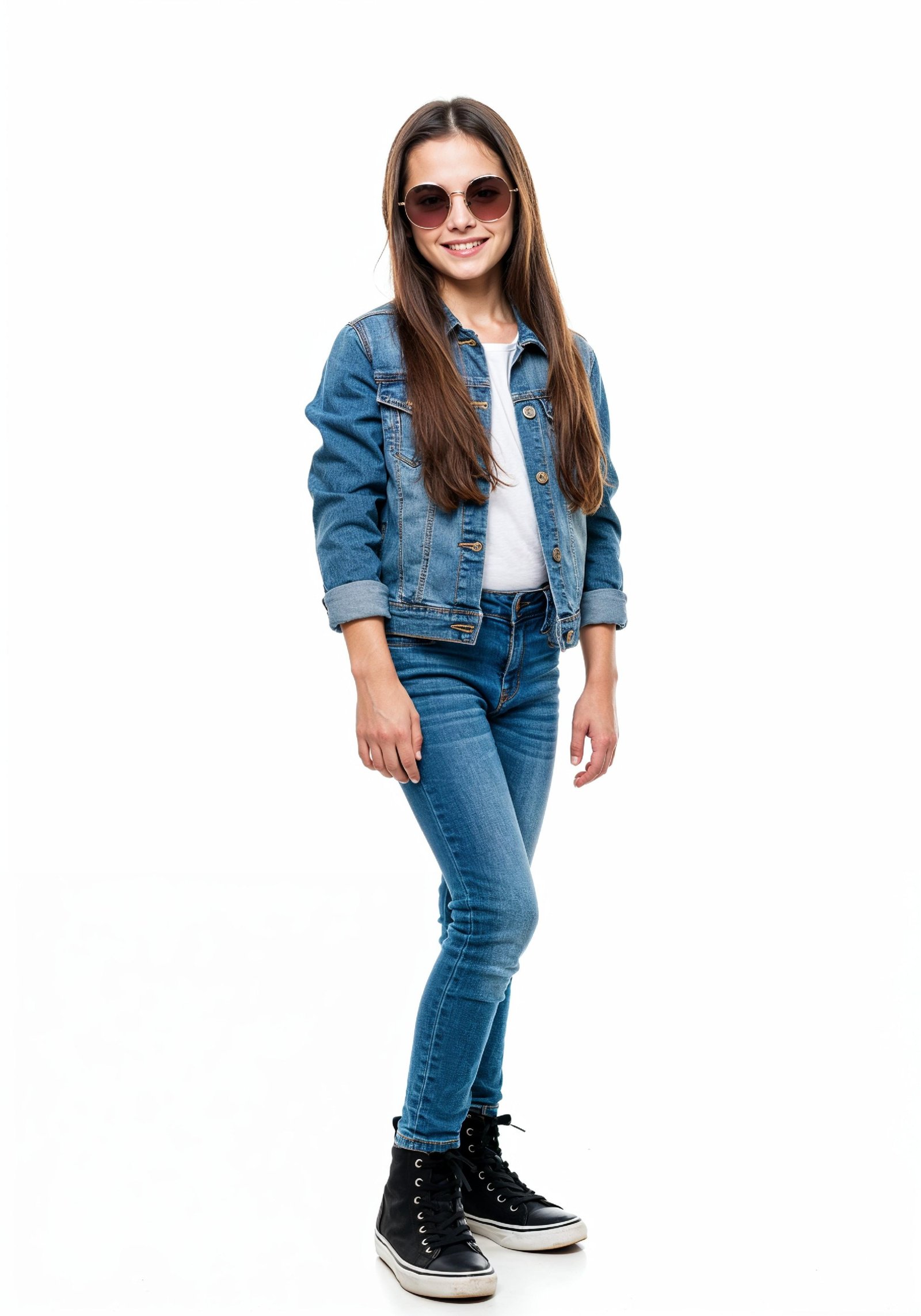 Adorable Young Girl in Denim Jacket and Sunglasses Posing on White Background Portrait