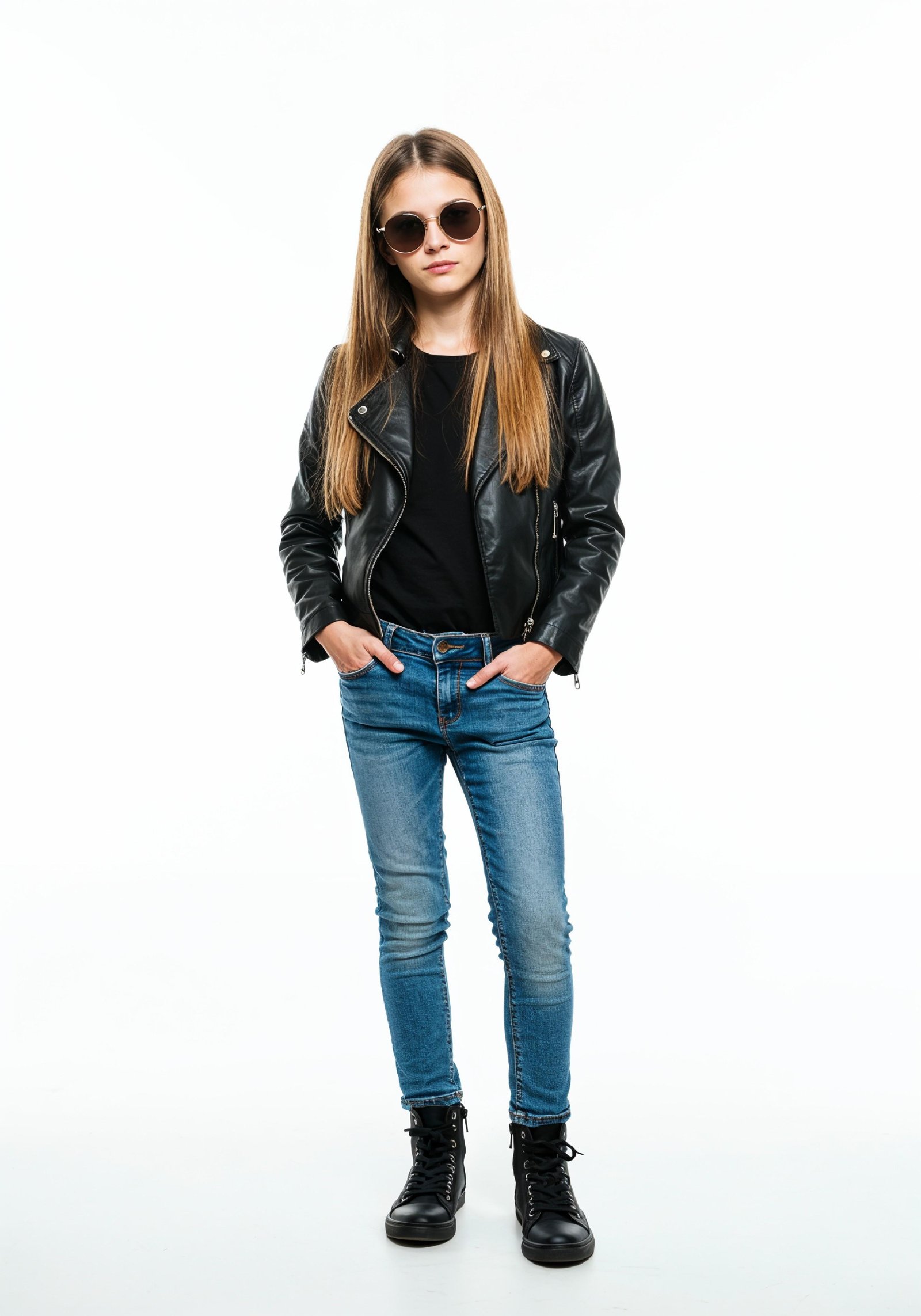 Adorable Young Girl in Denim Jacket and Sunglasses Posing on White Background Portrait