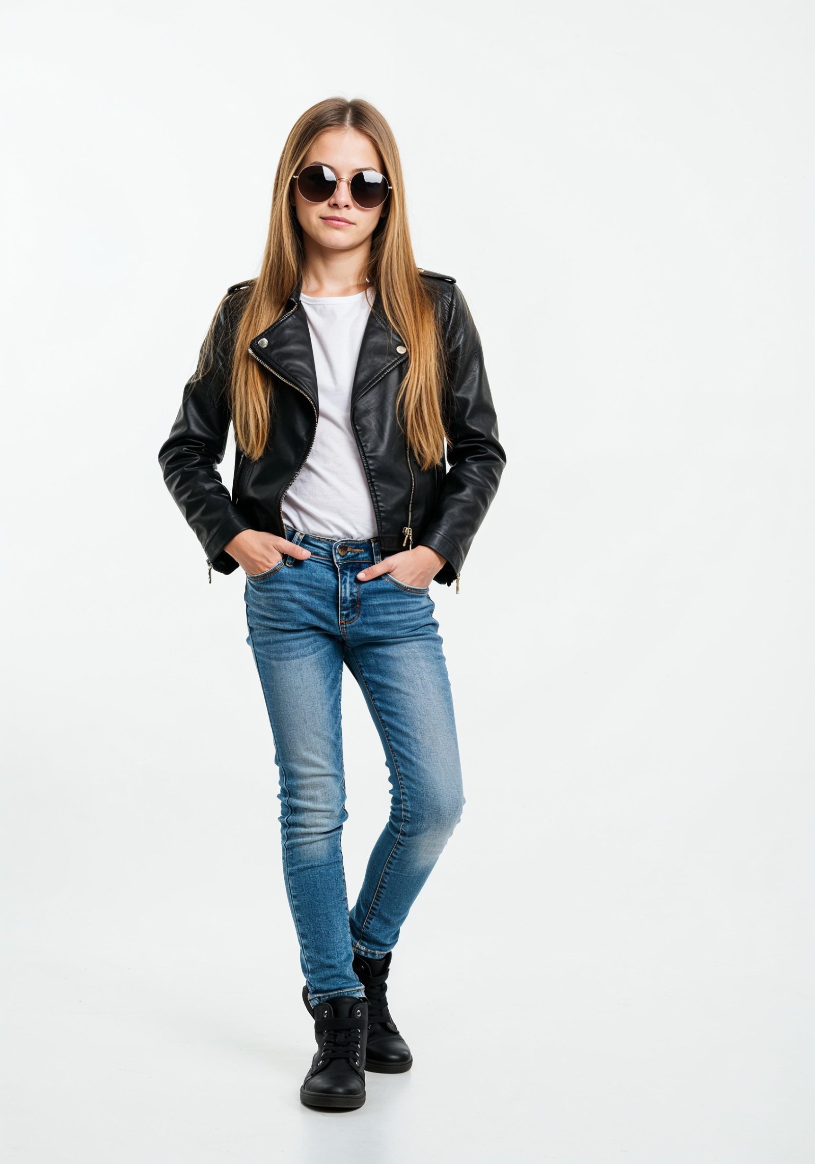 Adorable Young Girl in Denim Jacket and Sunglasses Posing on White Background Portrait