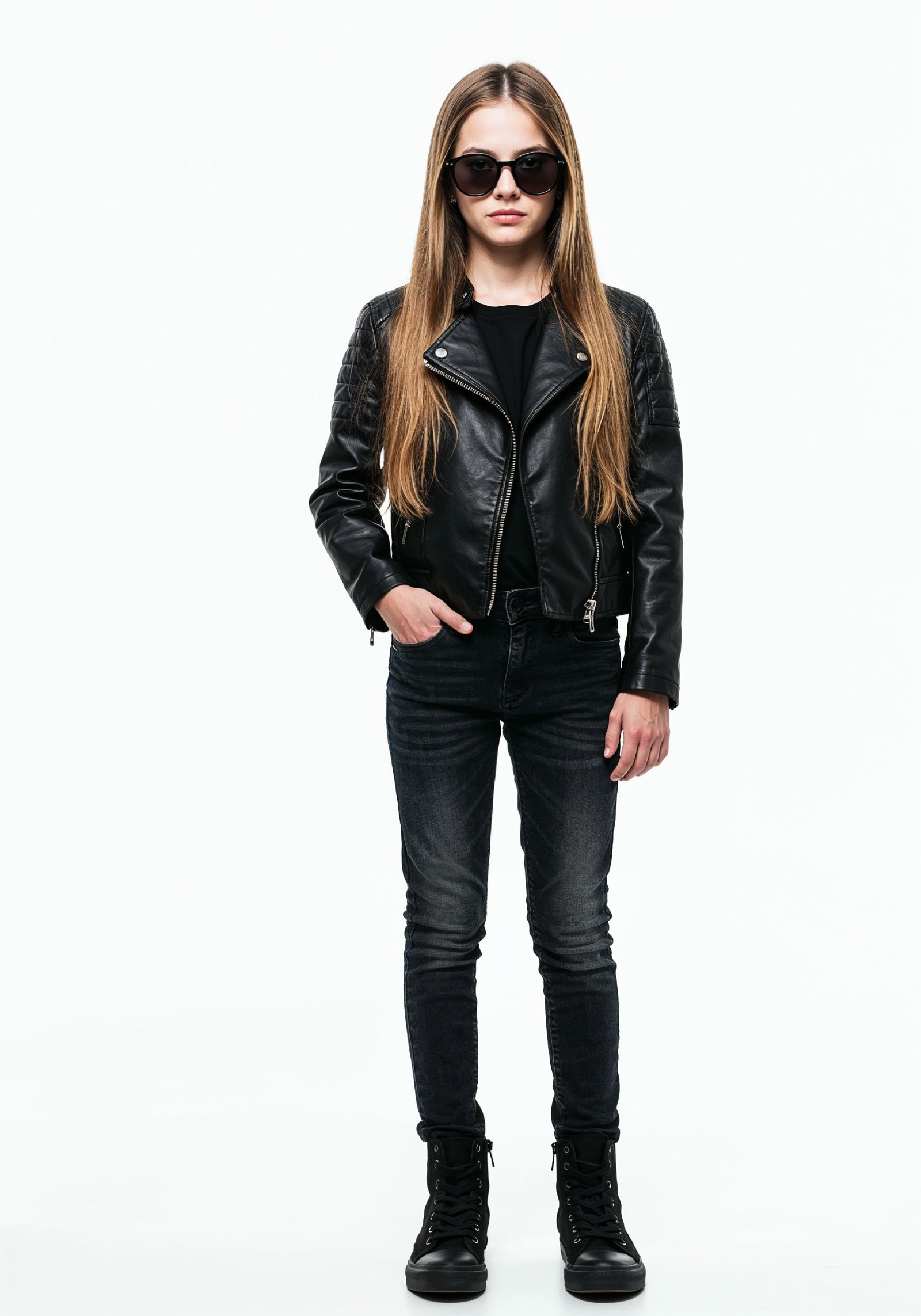 Adorable Young Girl in Denim Jacket and Sunglasses Posing on White Background Portrait