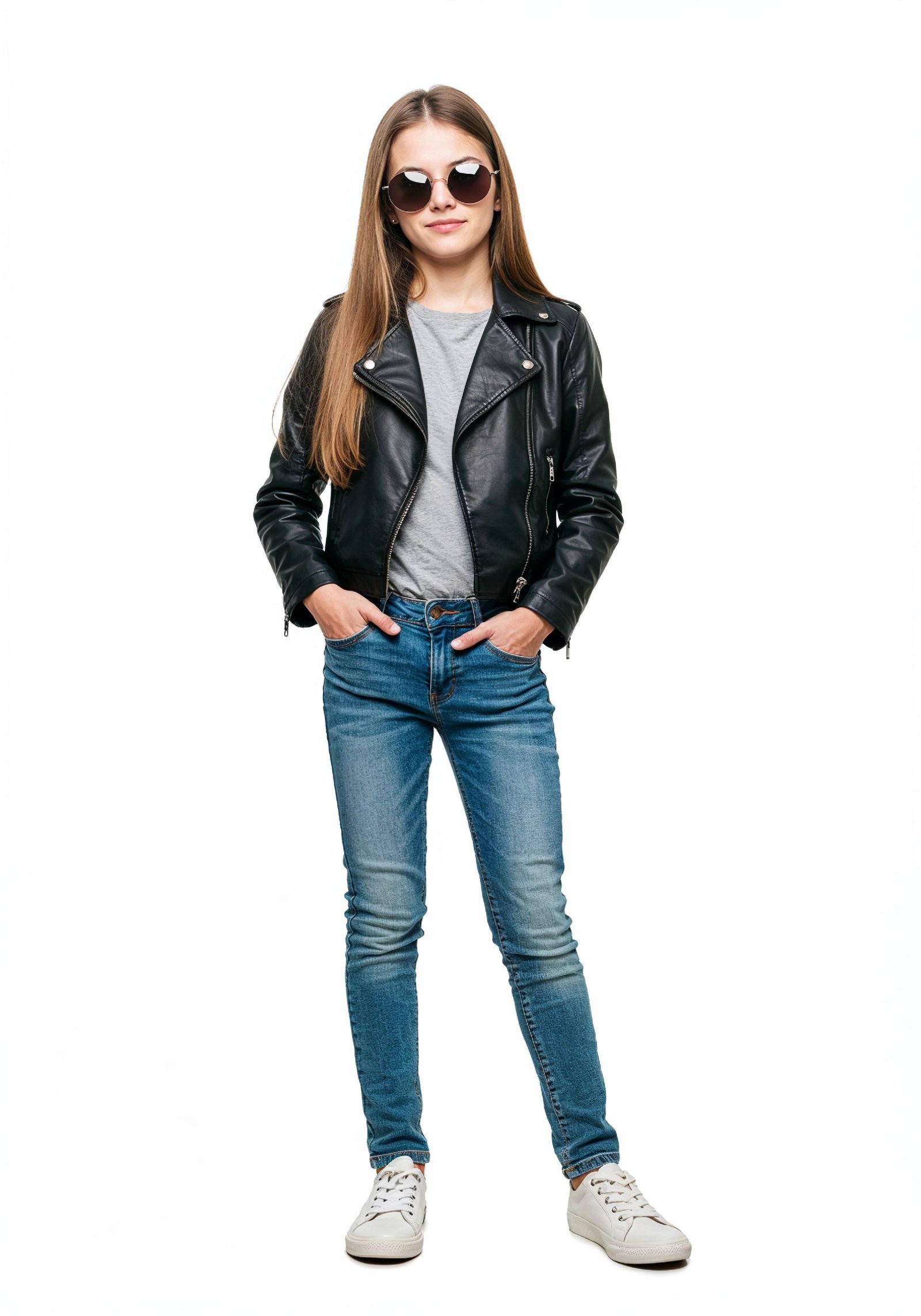 Adorable Young Girl in Denim Jacket and Sunglasses Posing on White Background Portrait