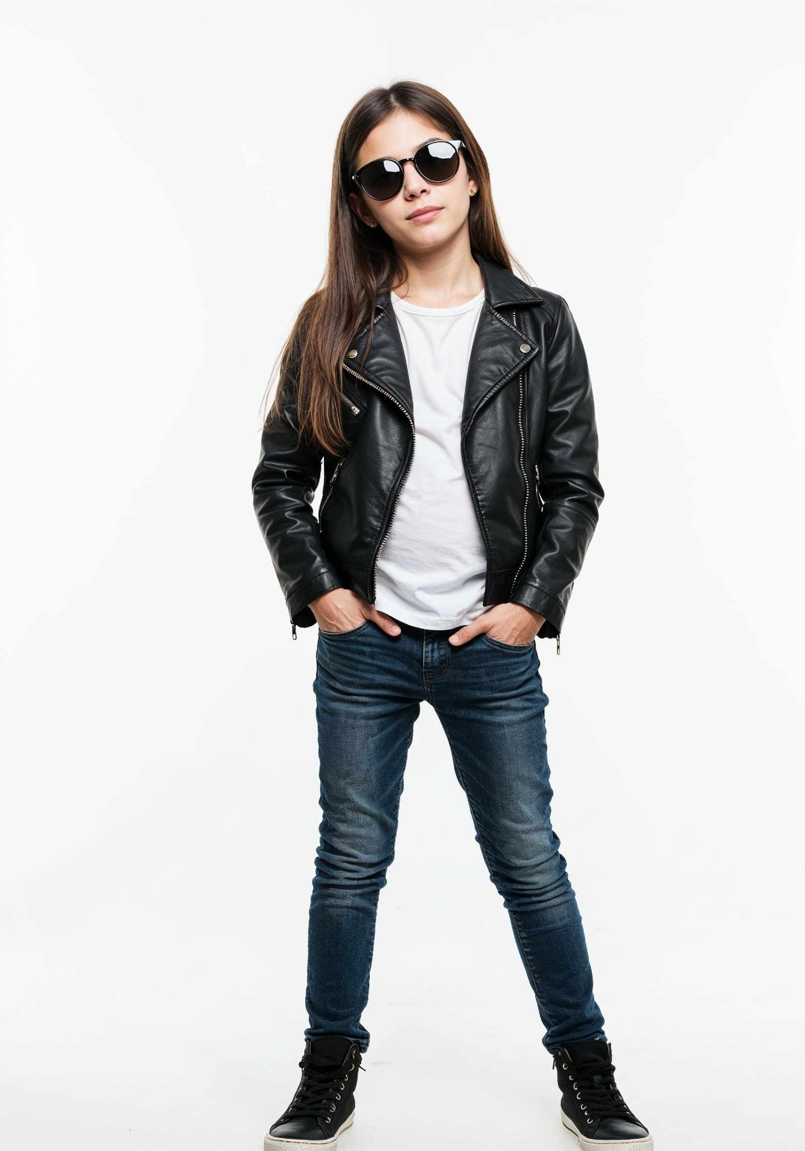 Adorable Young Girl in Denim Jacket and Sunglasses Posing on White Background Portrait