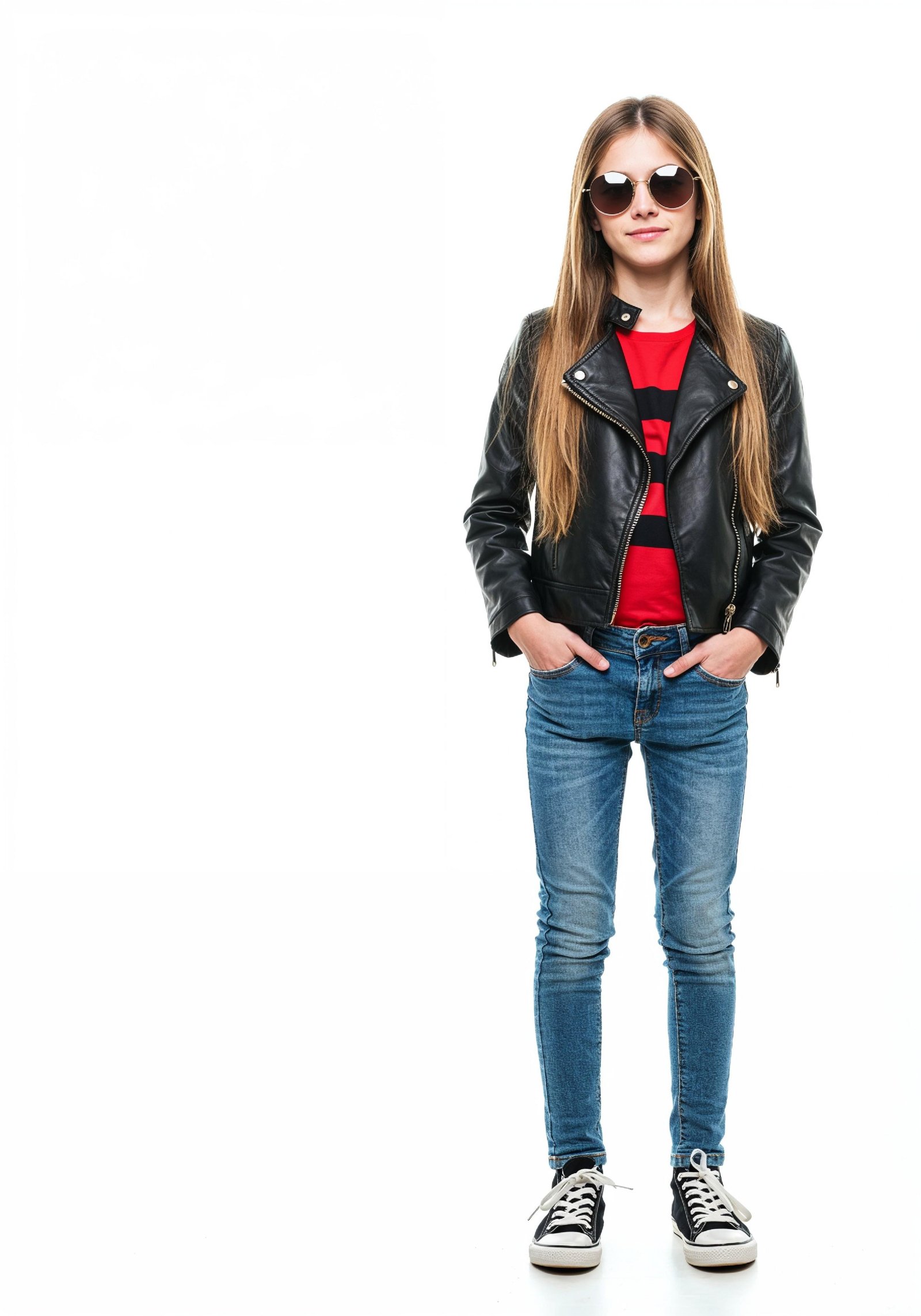 Adorable Young Girl in Denim Jacket and Sunglasses Posing on White Background Portrait