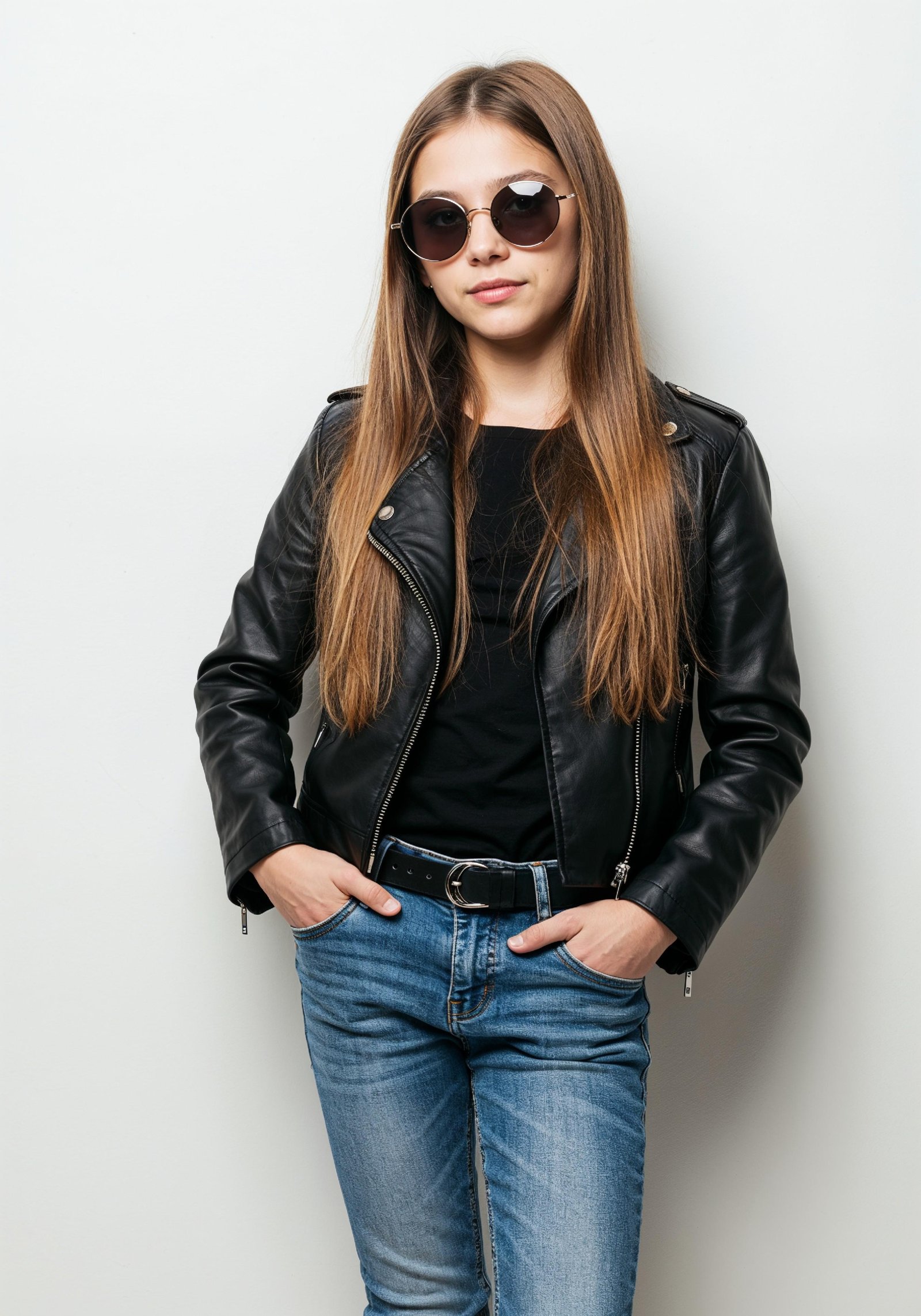 Adorable Young Girl in Denim Jacket and Sunglasses Posing on White Background Portrait