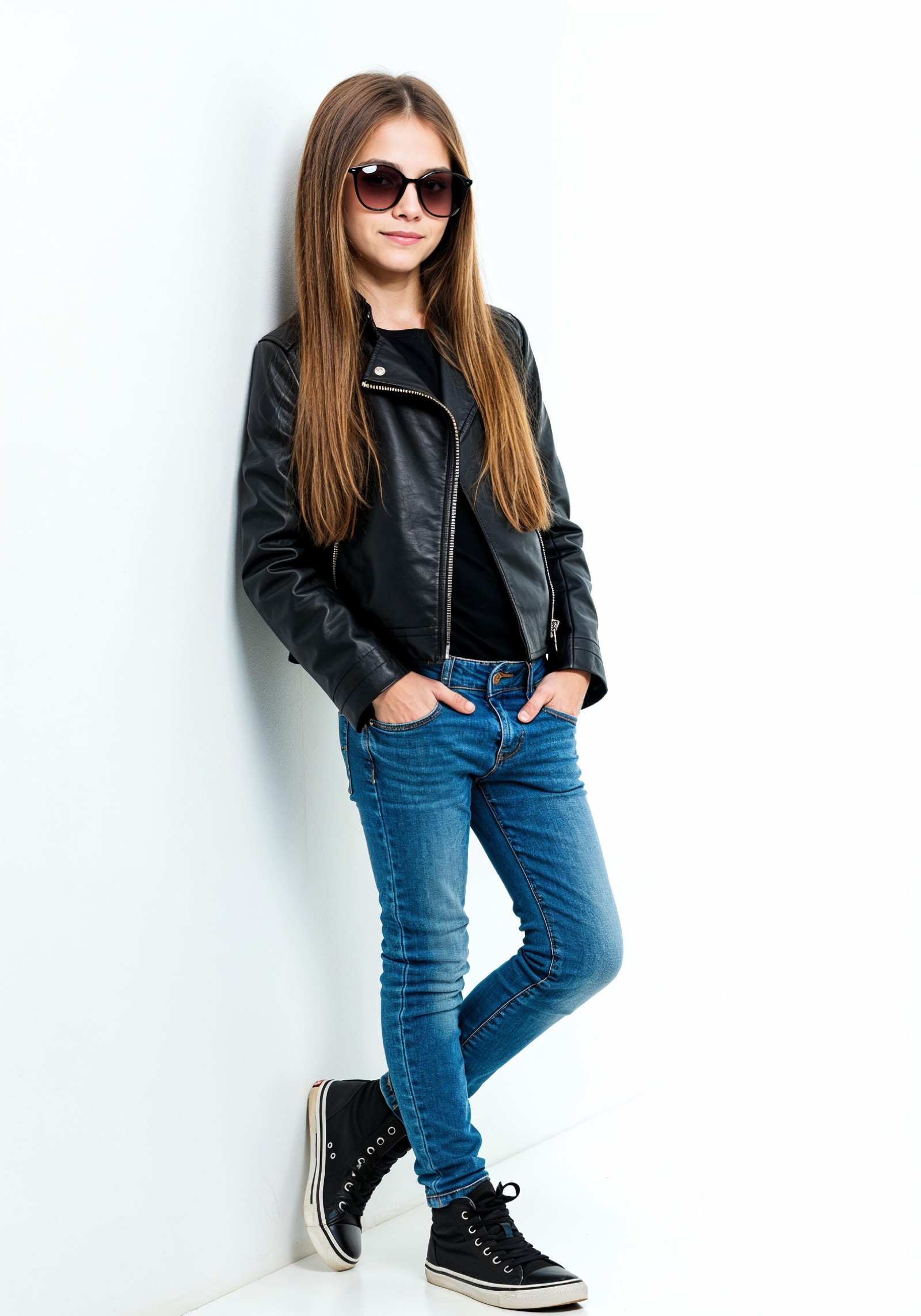 Adorable Young Girl in Denim Jacket and Sunglasses Posing on White Background Portrait