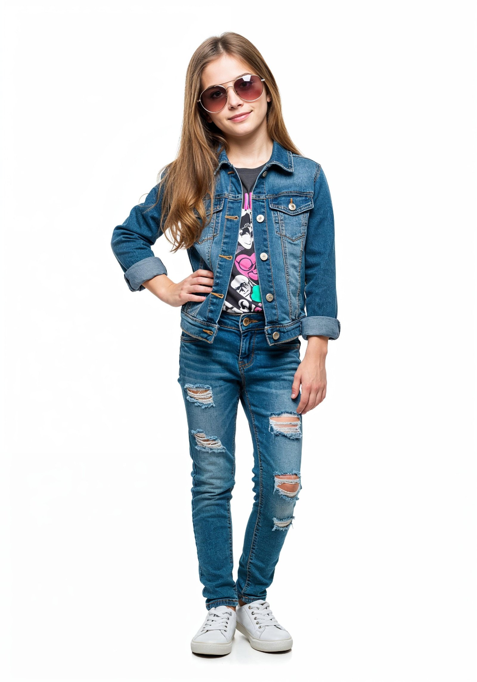 Adorable Young Girl in Denim Jacket and Sunglasses Posing on White Background Portrait