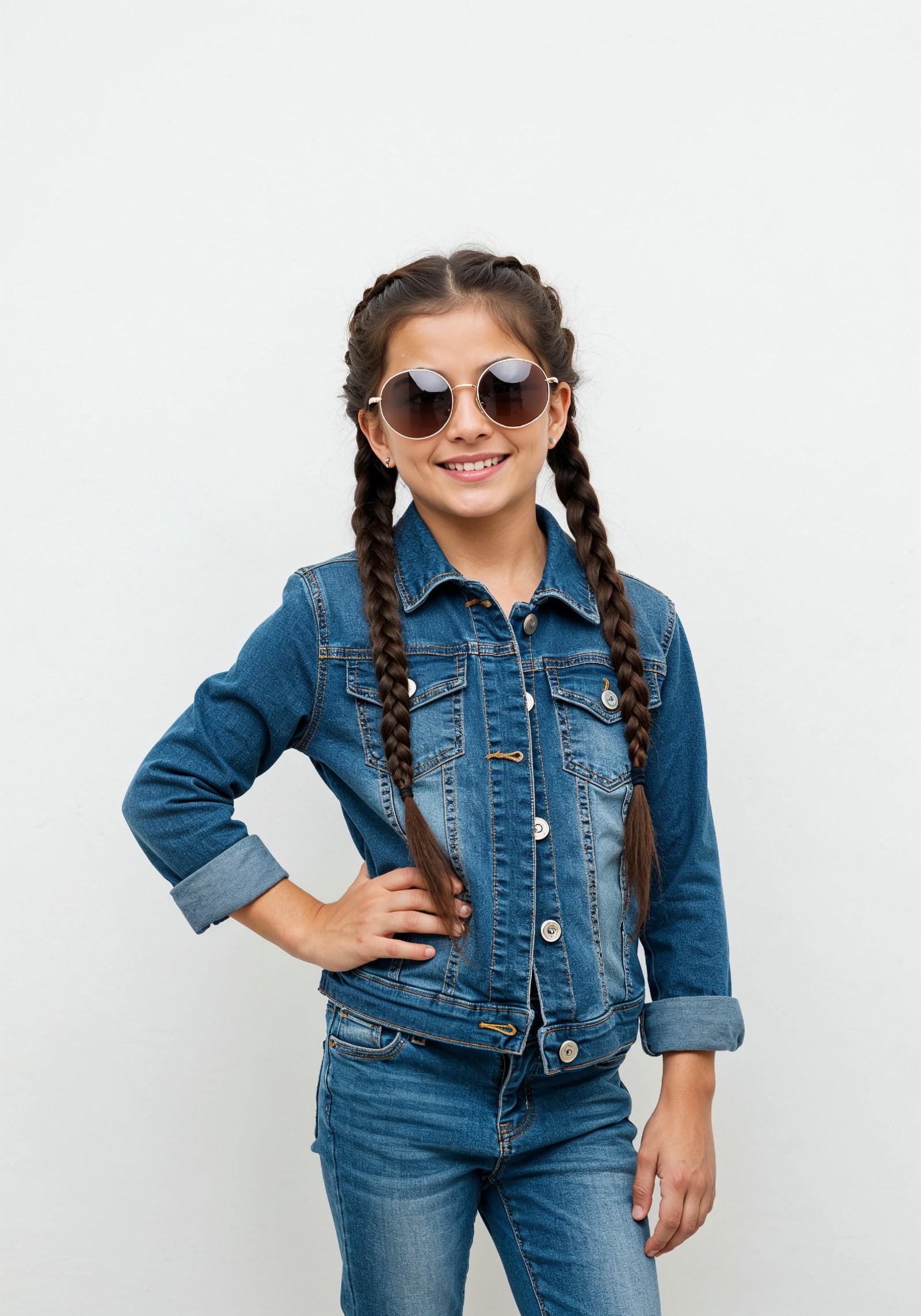 Adorable Young Girl in Denim Jacket and Sunglasses Posing on White Background Portrait
