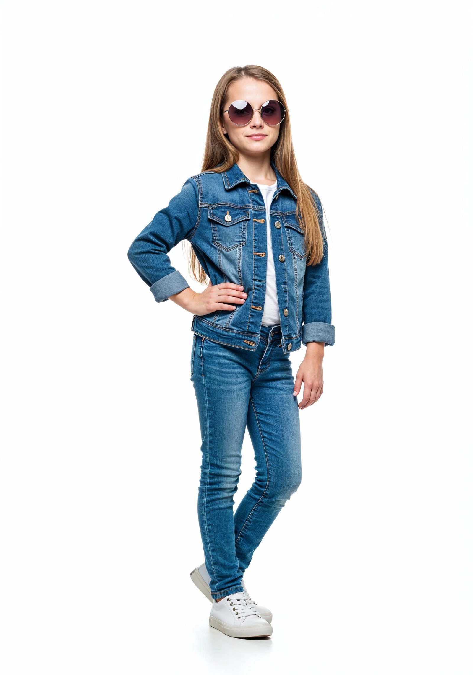 Adorable Young Girl in Denim Jacket and Sunglasses Posing on White Background Portrait
