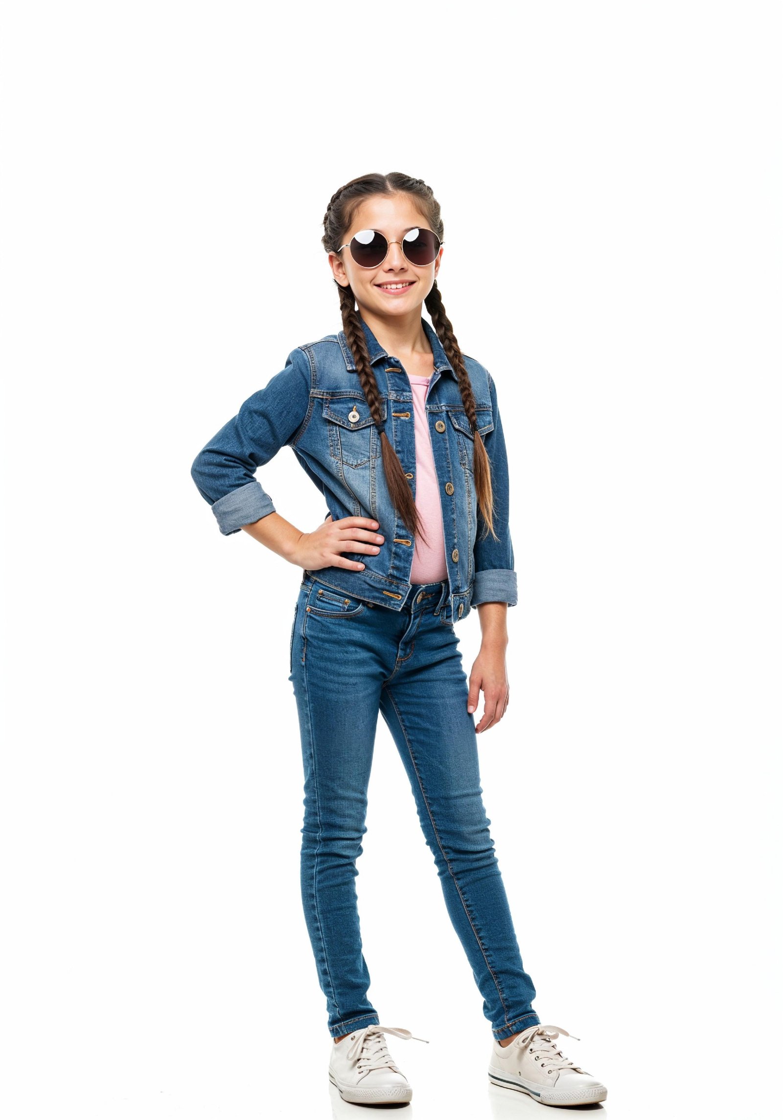 Adorable Young Girl in Denim Jacket and Sunglasses Posing on White Background Portrait