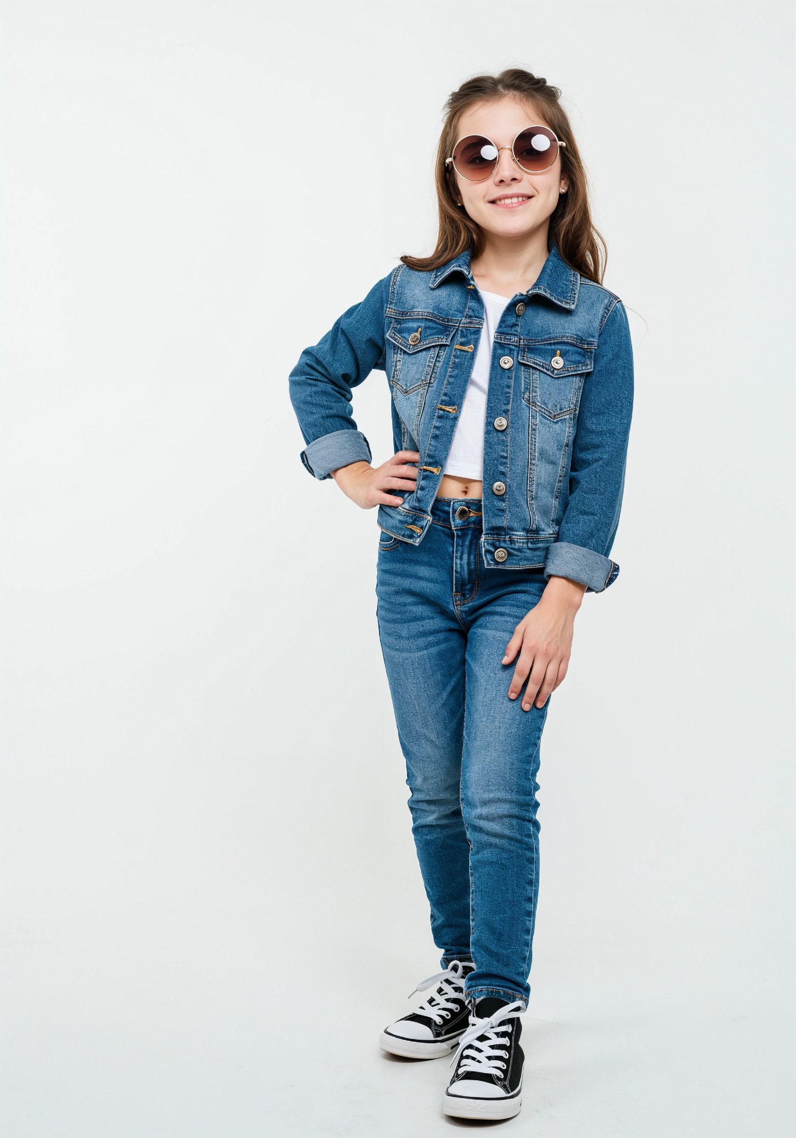 Adorable Young Girl in Denim Jacket and Sunglasses Posing on White Background Portrait