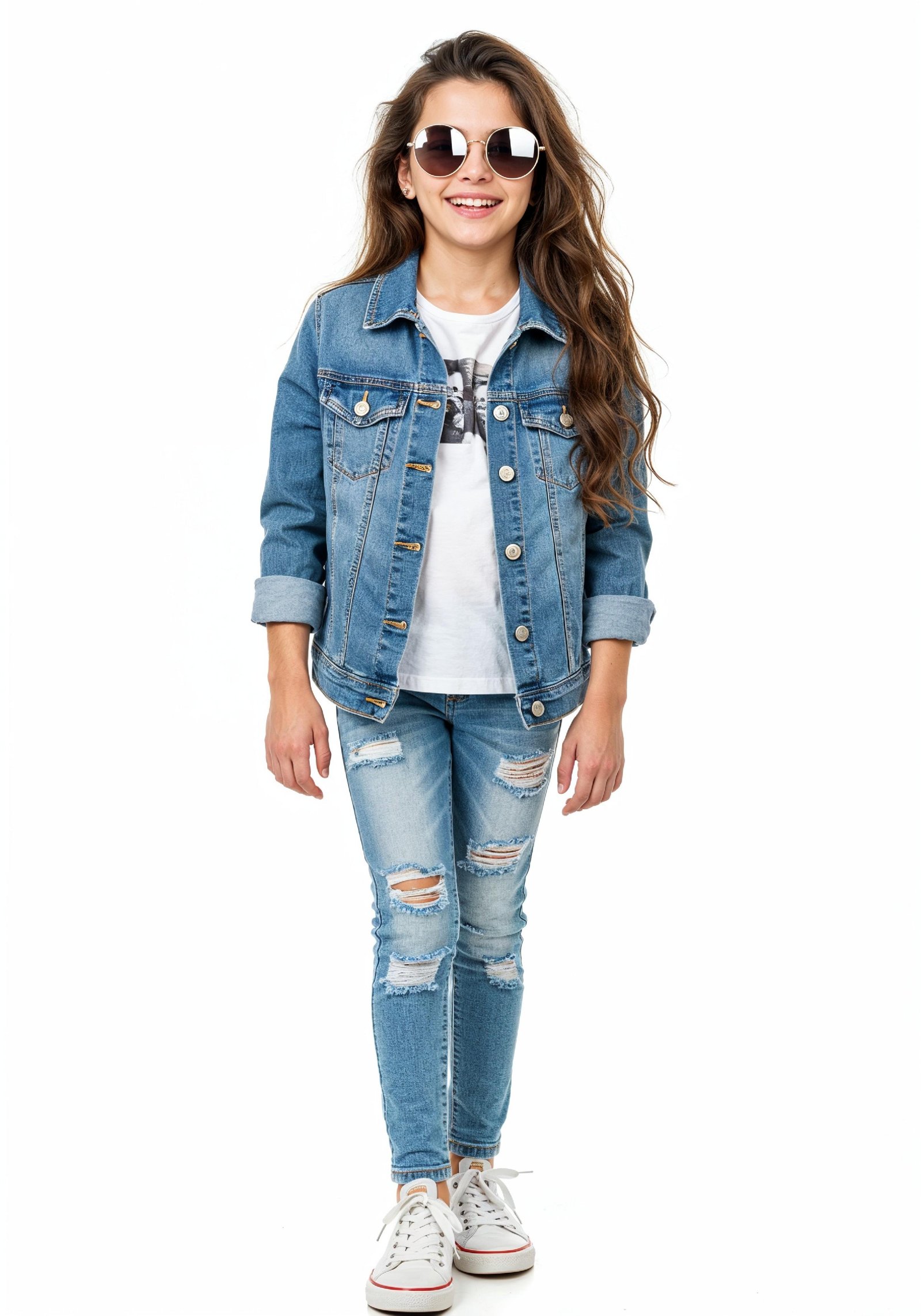 Adorable Young Girl in Denim Jacket and Sunglasses Posing on White Background Portrait