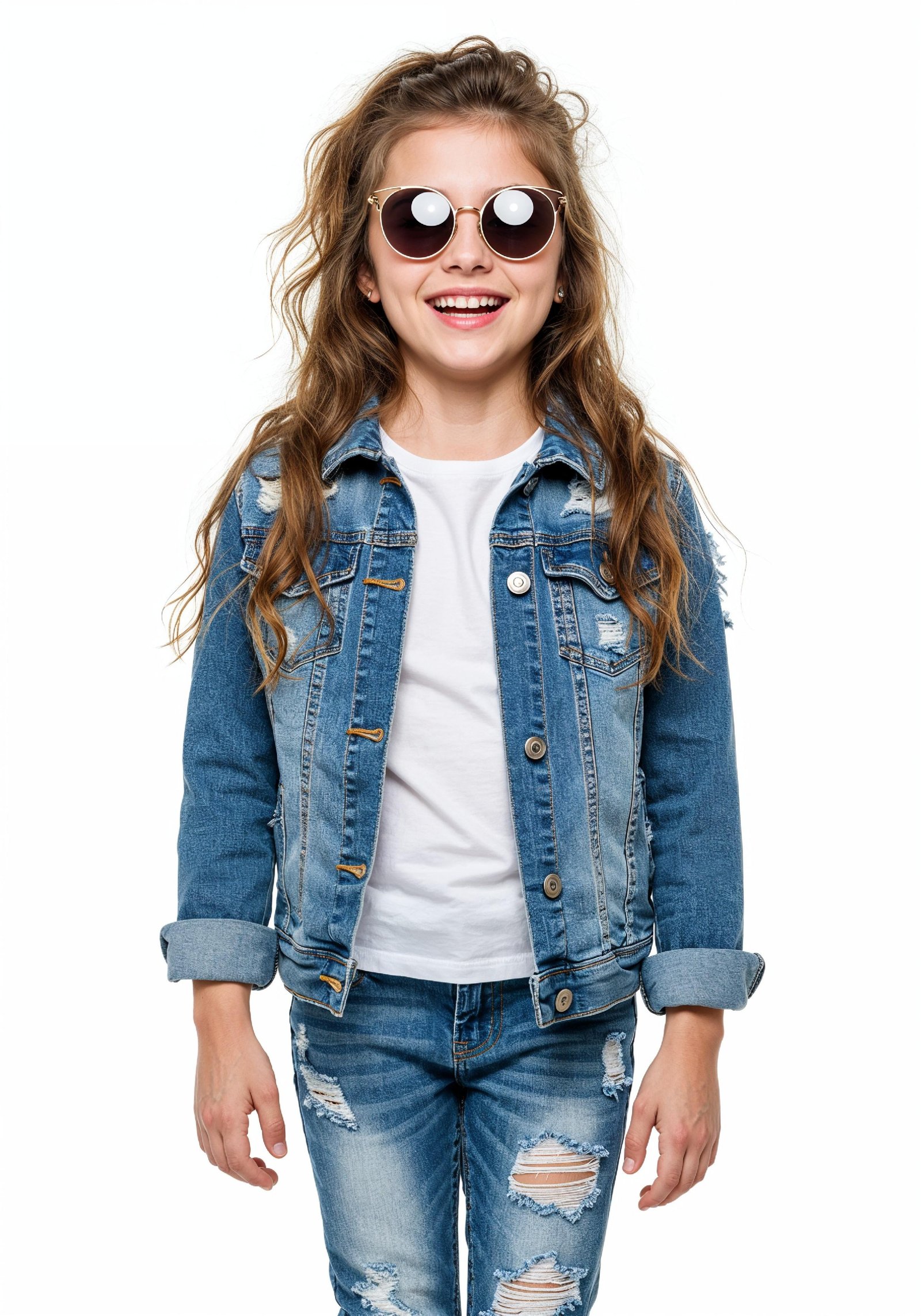 Adorable Young Girl in Denim Jacket and Sunglasses Posing on White Background Portrait