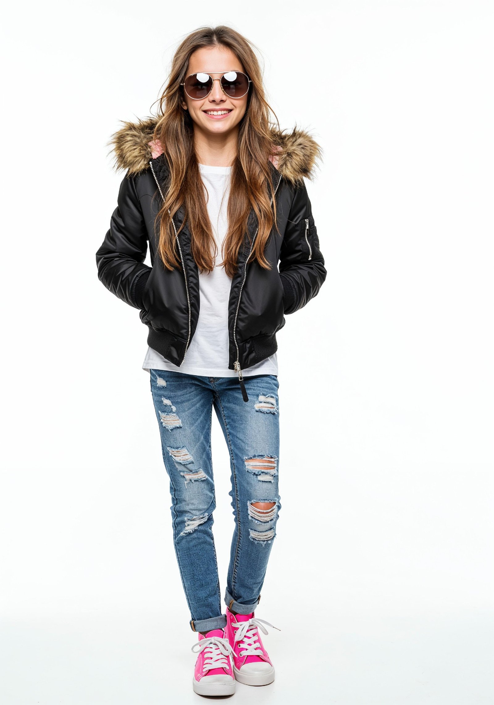 Adorable Young Girl in Denim Jacket and Sunglasses Posing on White Background Portrait