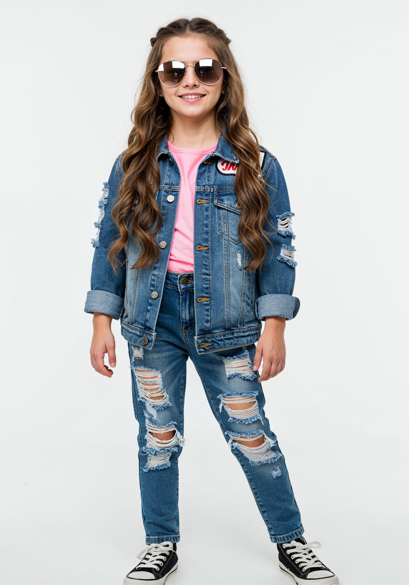 Adorable Young Girl in Denim Jacket and Sunglasses Posing on White Background Portrait