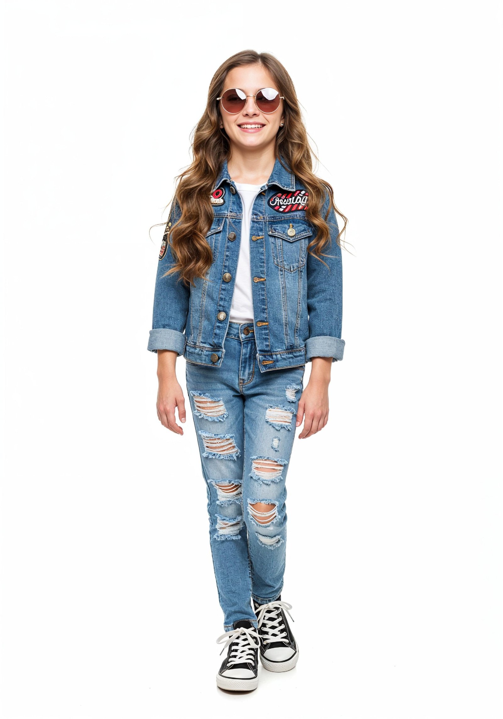Adorable Young Girl in Denim Jacket and Sunglasses Posing on White Background Portrait