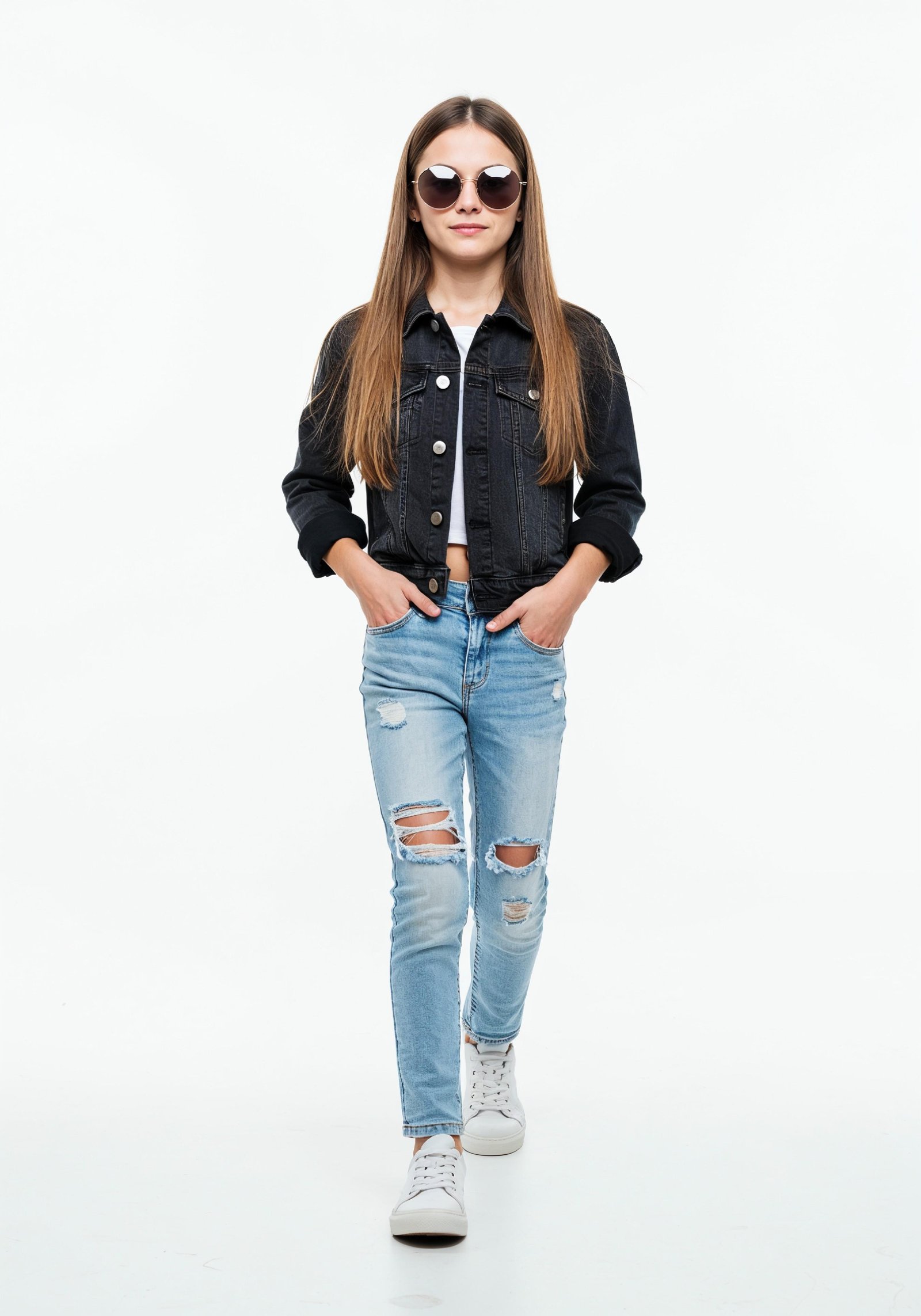 Adorable Young Girl in Denim Jacket and Sunglasses Posing on White Background Portrait