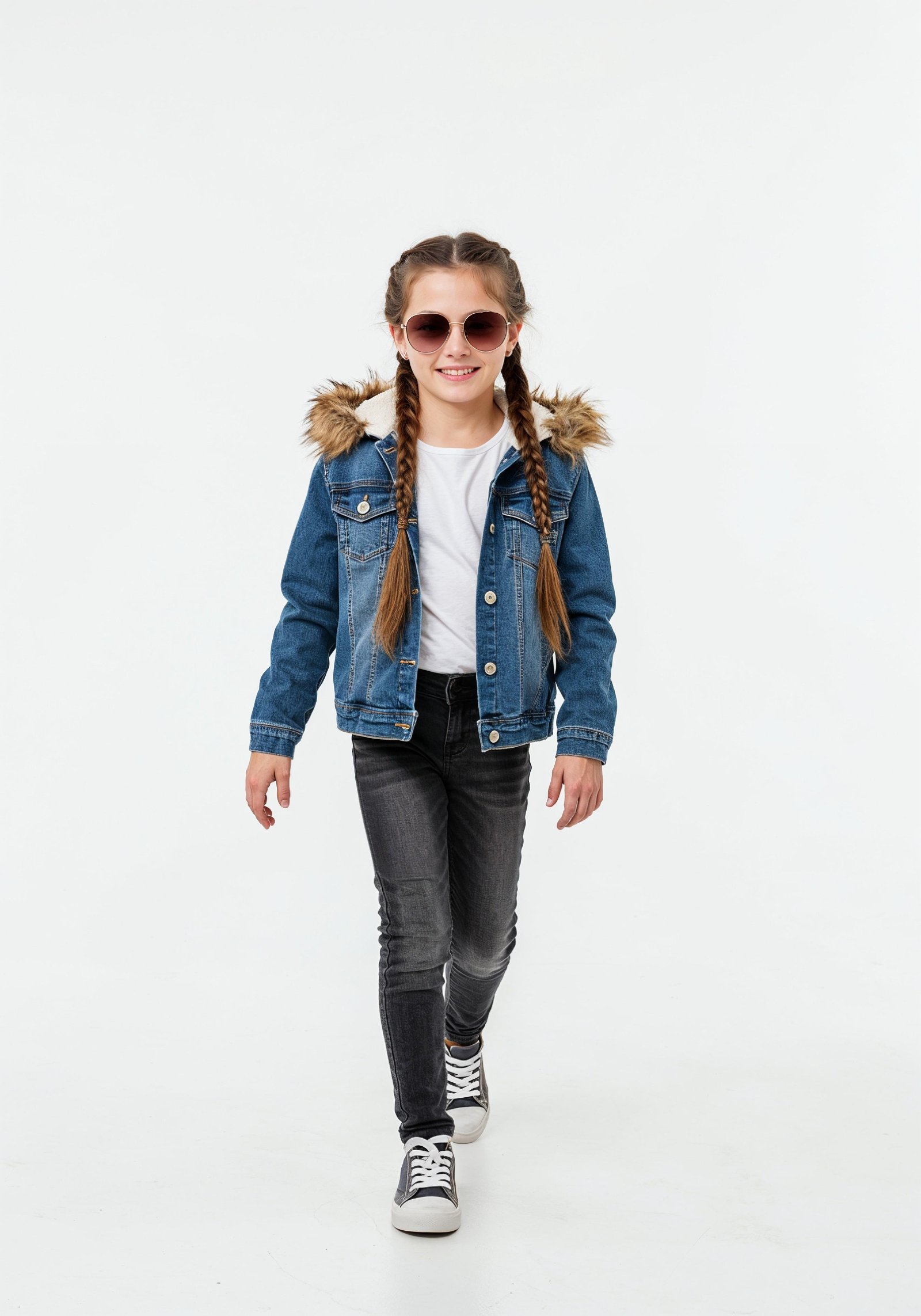 Adorable Young Girl in Denim Jacket and Sunglasses Posing on White Background Portrait