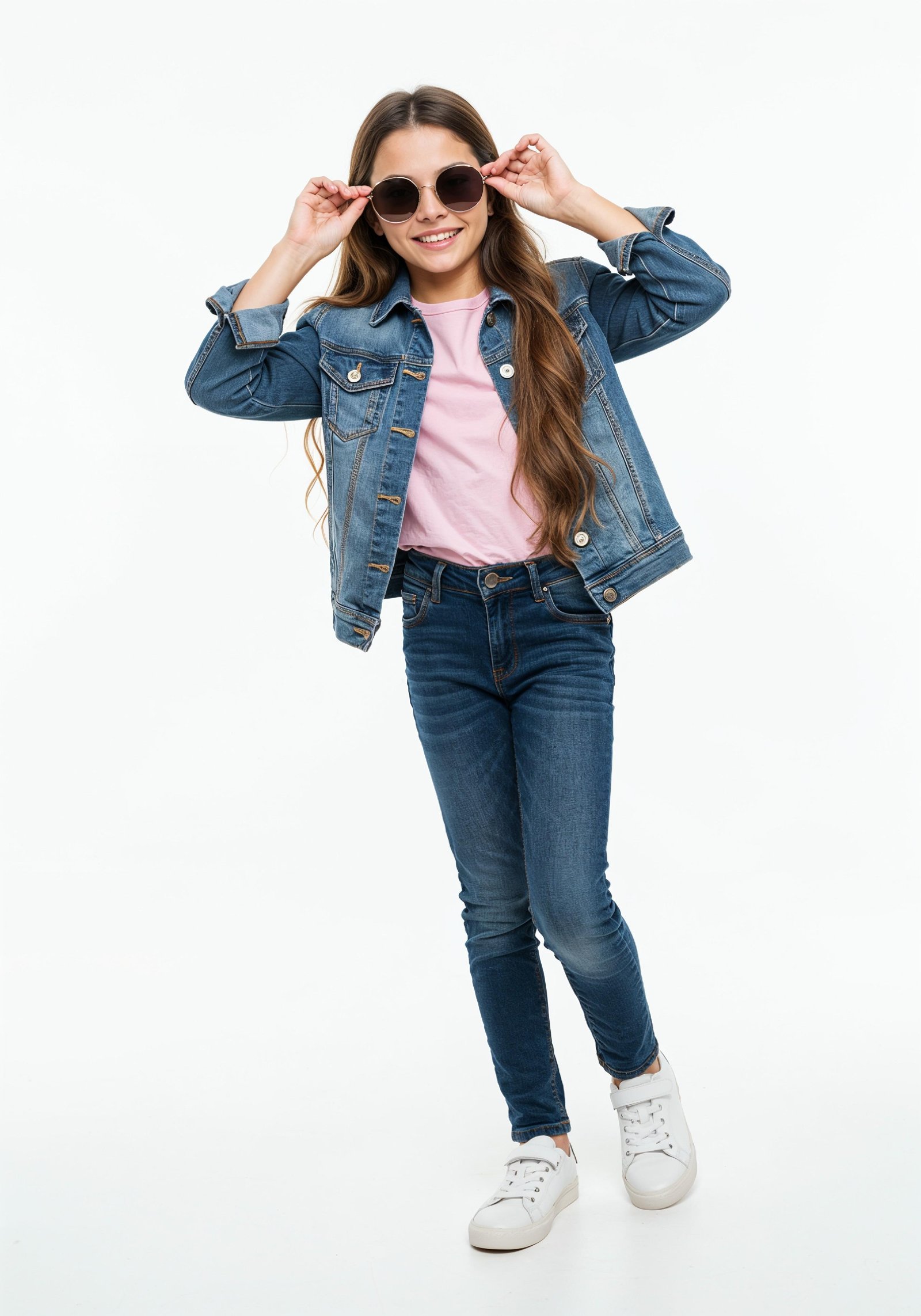 Adorable Young Girl in Denim Jacket and Sunglasses Posing on White Background Portrait