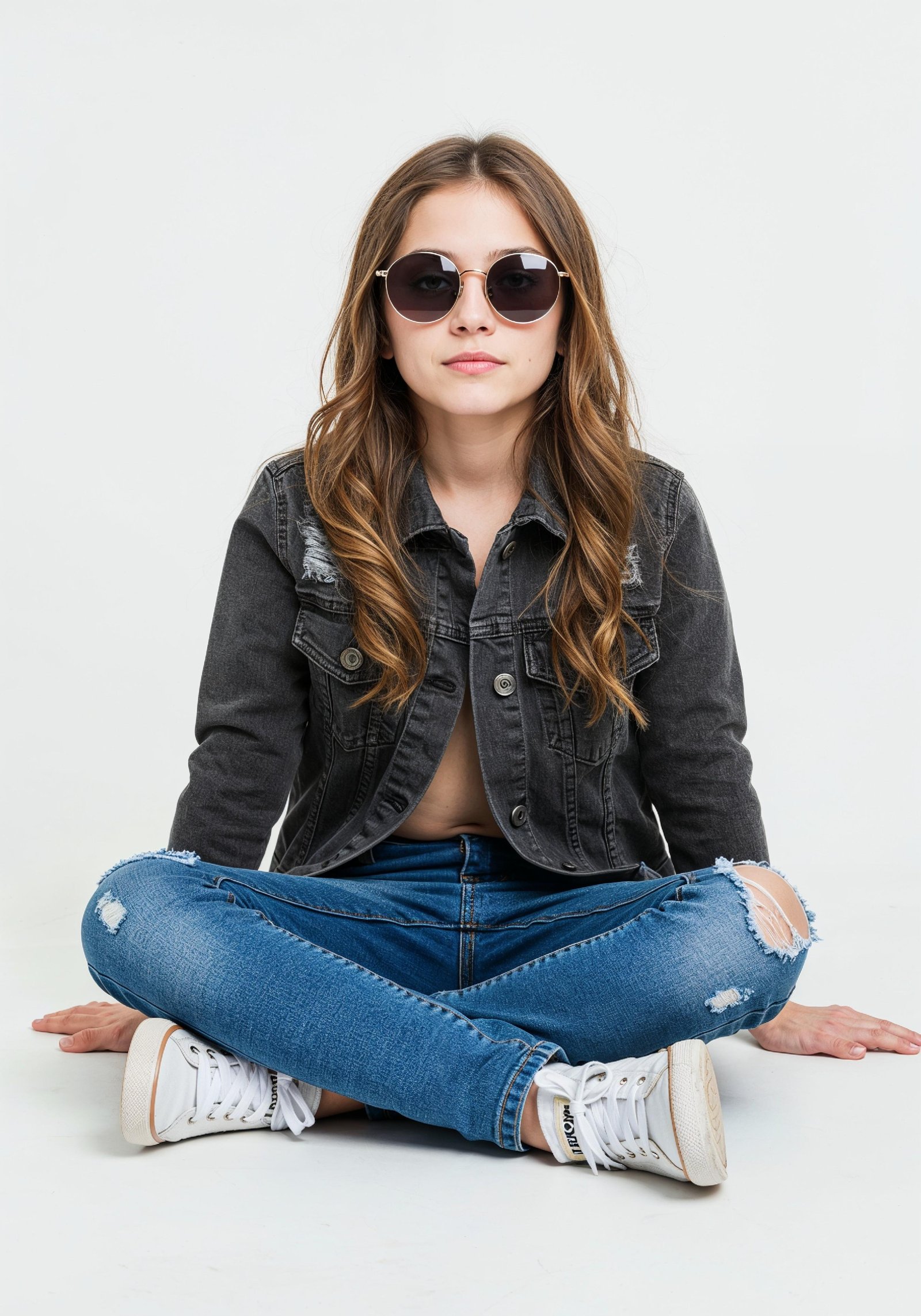 Adorable Young Girl in Denim Jacket and Sunglasses Posing on White Background Portrait