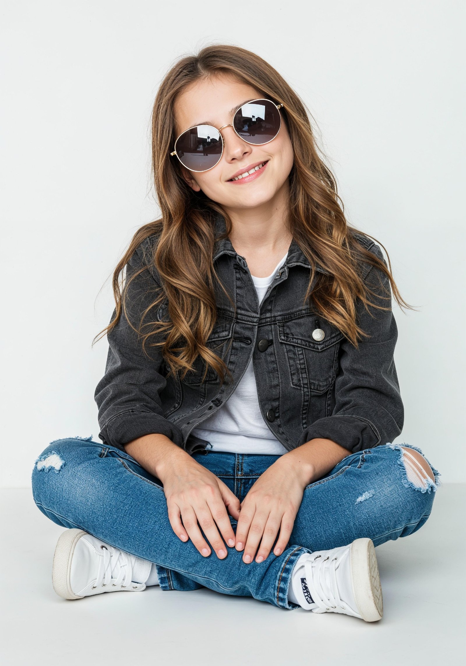Adorable Young Girl in Denim Jacket and Sunglasses Posing on White Background Portrait