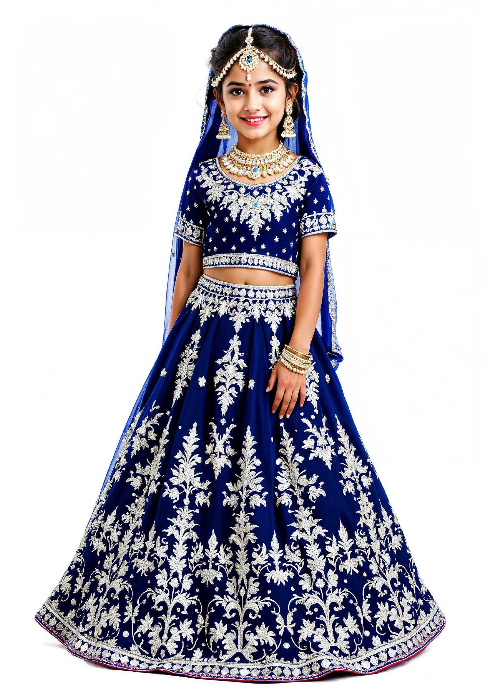 Beautiful Indian Girl in Traditional Lehenga Choli Standing Isolated on White Background