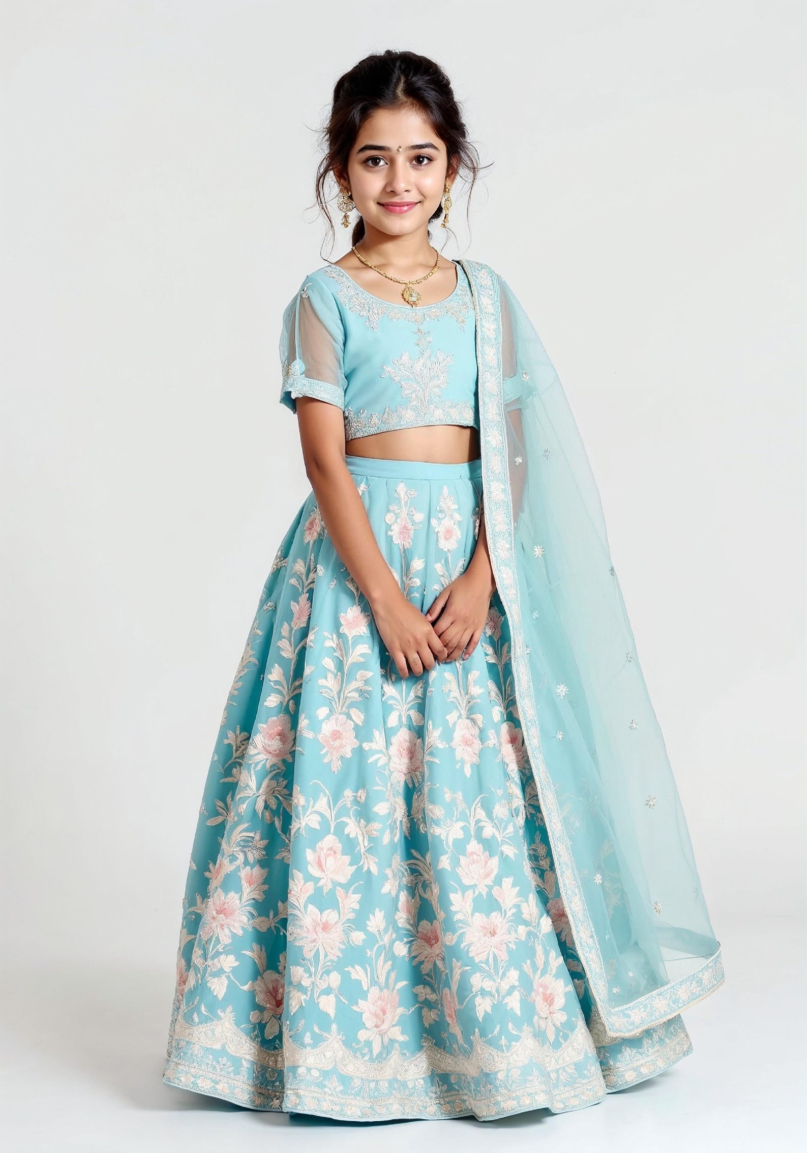 Beautiful Indian Girl in Traditional Lehenga Choli Standing Isolated on White Background