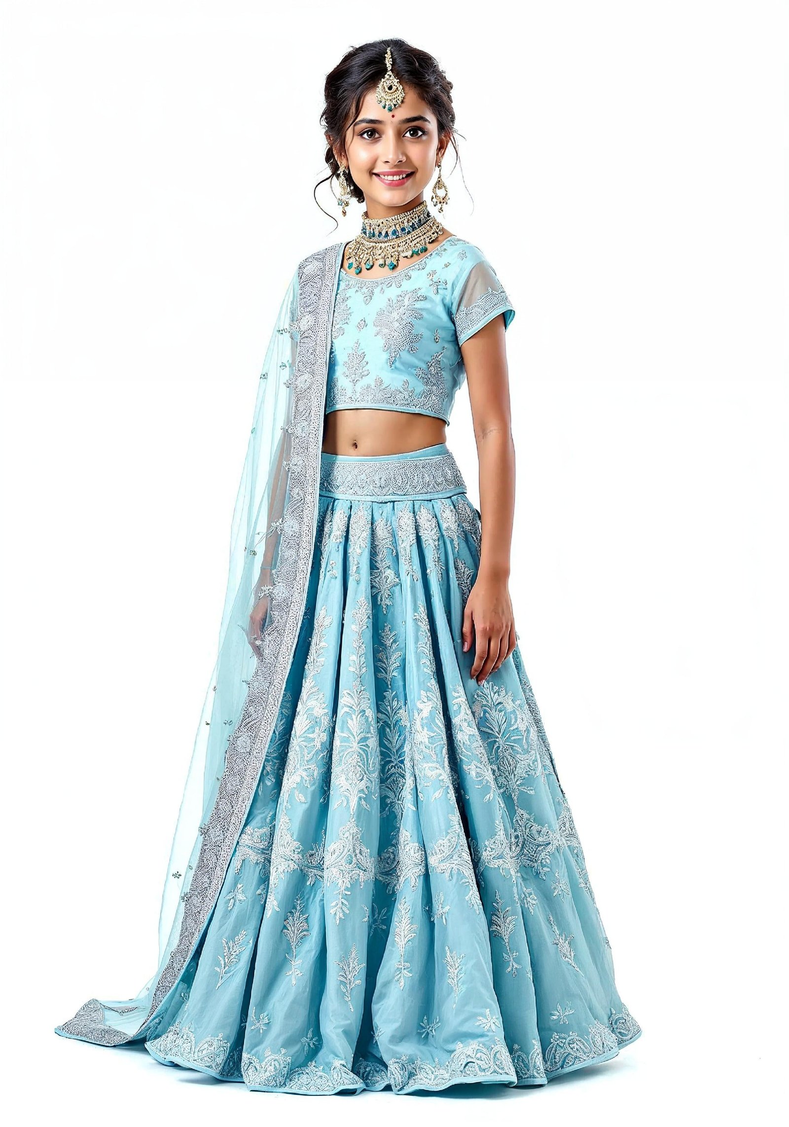 Beautiful Indian Girl in Traditional Lehenga Choli Standing Isolated on White Background