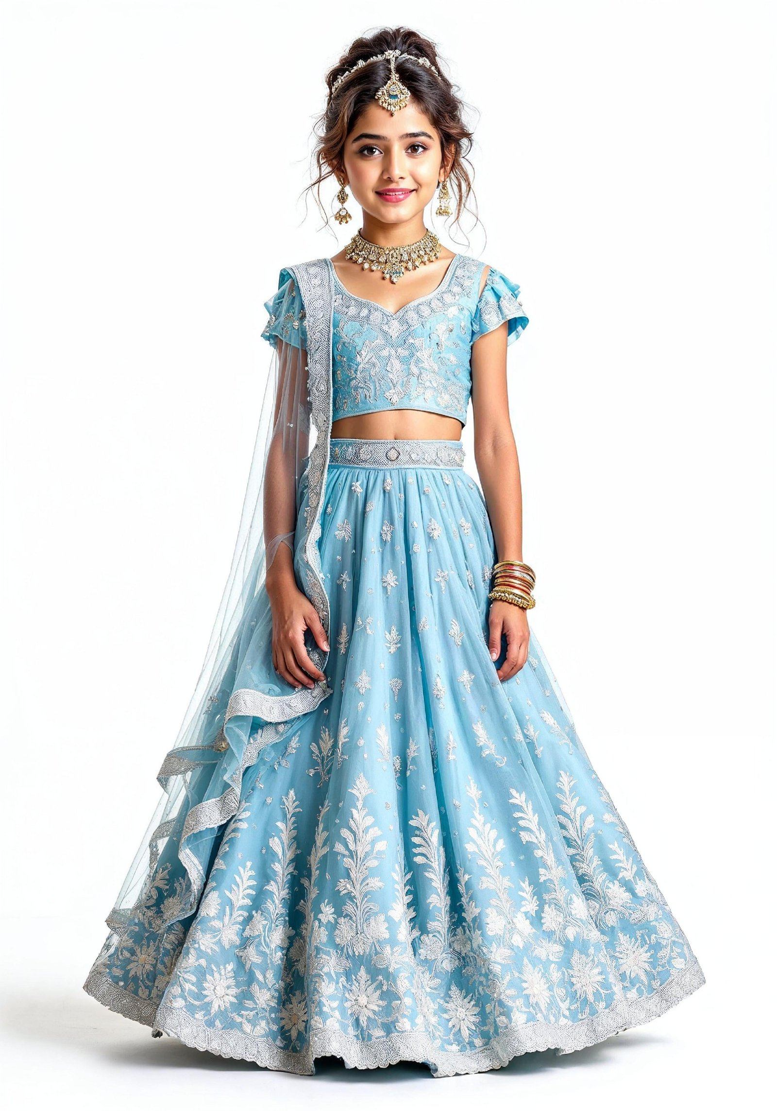 Beautiful Indian Girl in Traditional Lehenga Choli Standing Isolated on White Background