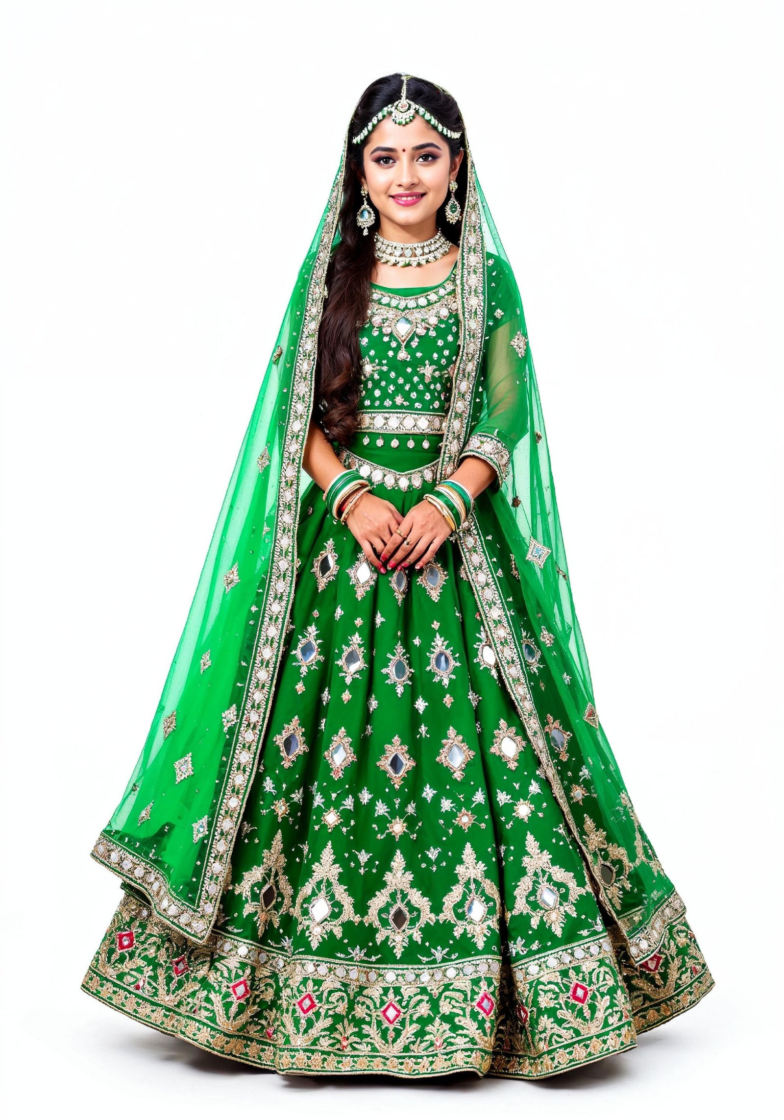 Beautiful Indian Girl in Traditional Lehenga Choli Standing Isolated on White Background