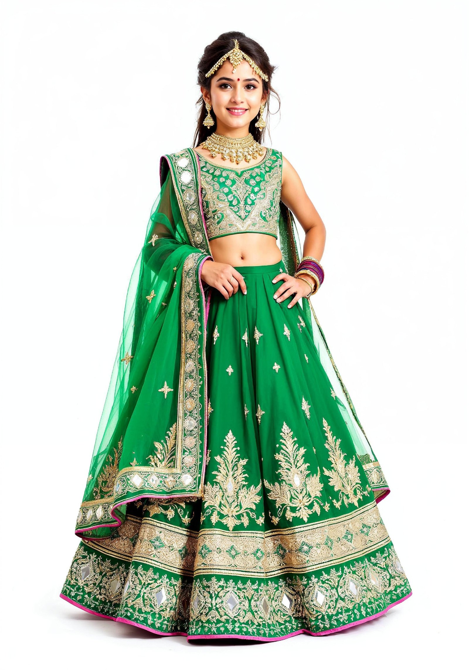 Beautiful Indian Girl in Traditional Lehenga Choli Standing Isolated on White Background