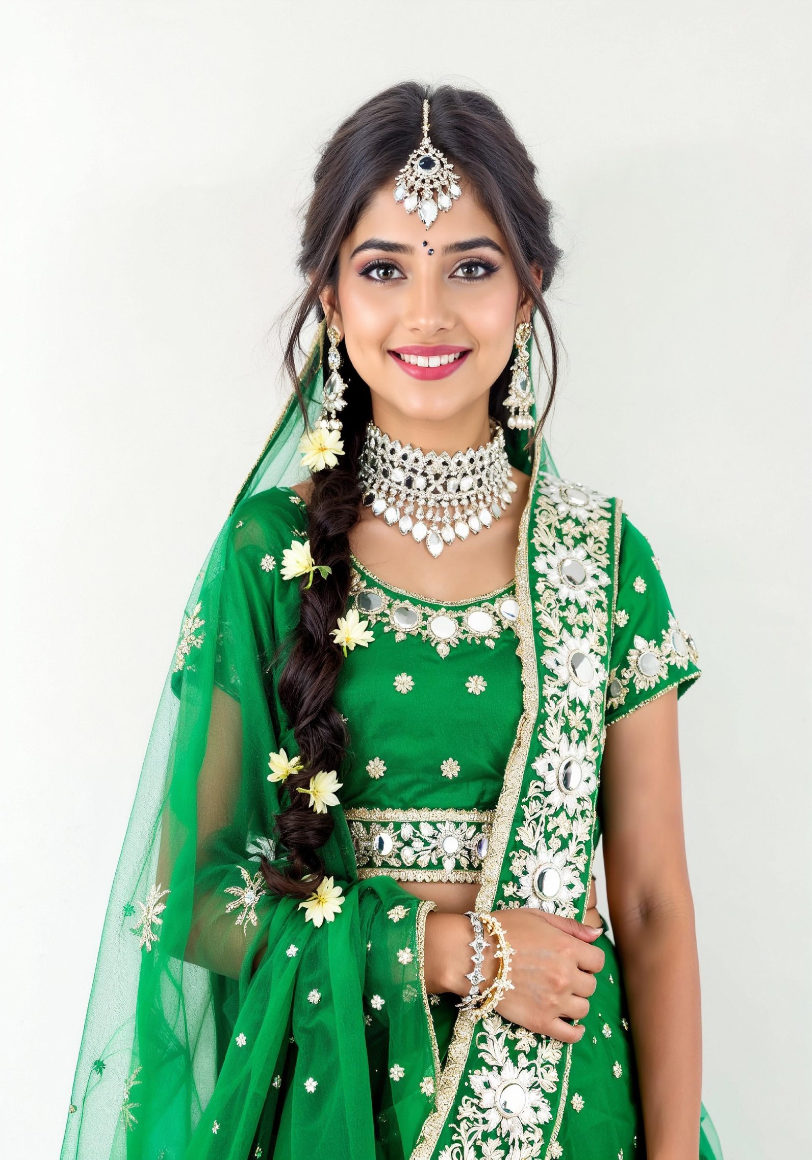 Beautiful Indian Girl in Traditional Lehenga Choli Standing Isolated on White Background