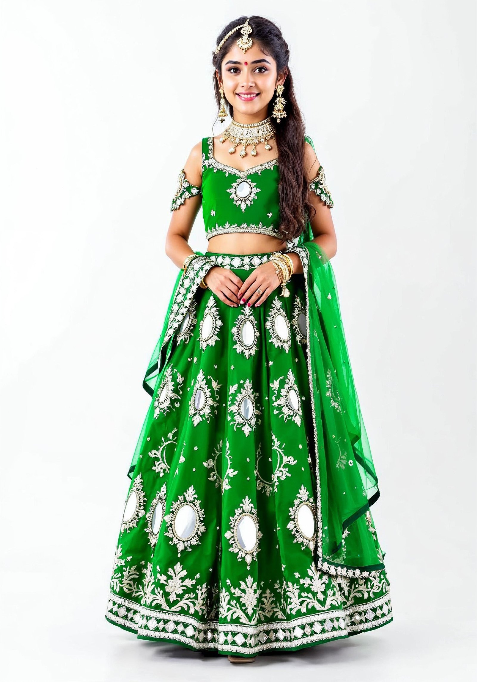 Beautiful Indian Girl in Traditional Lehenga Choli Standing Isolated on White Background