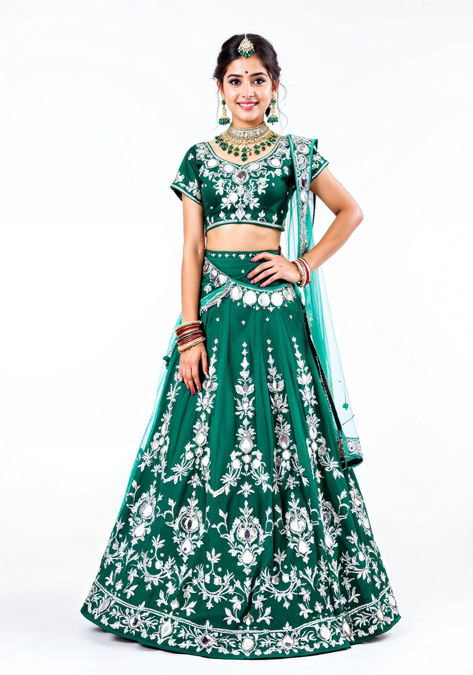 Beautiful Indian Girl in Traditional Lehenga Choli Standing Isolated on White Background