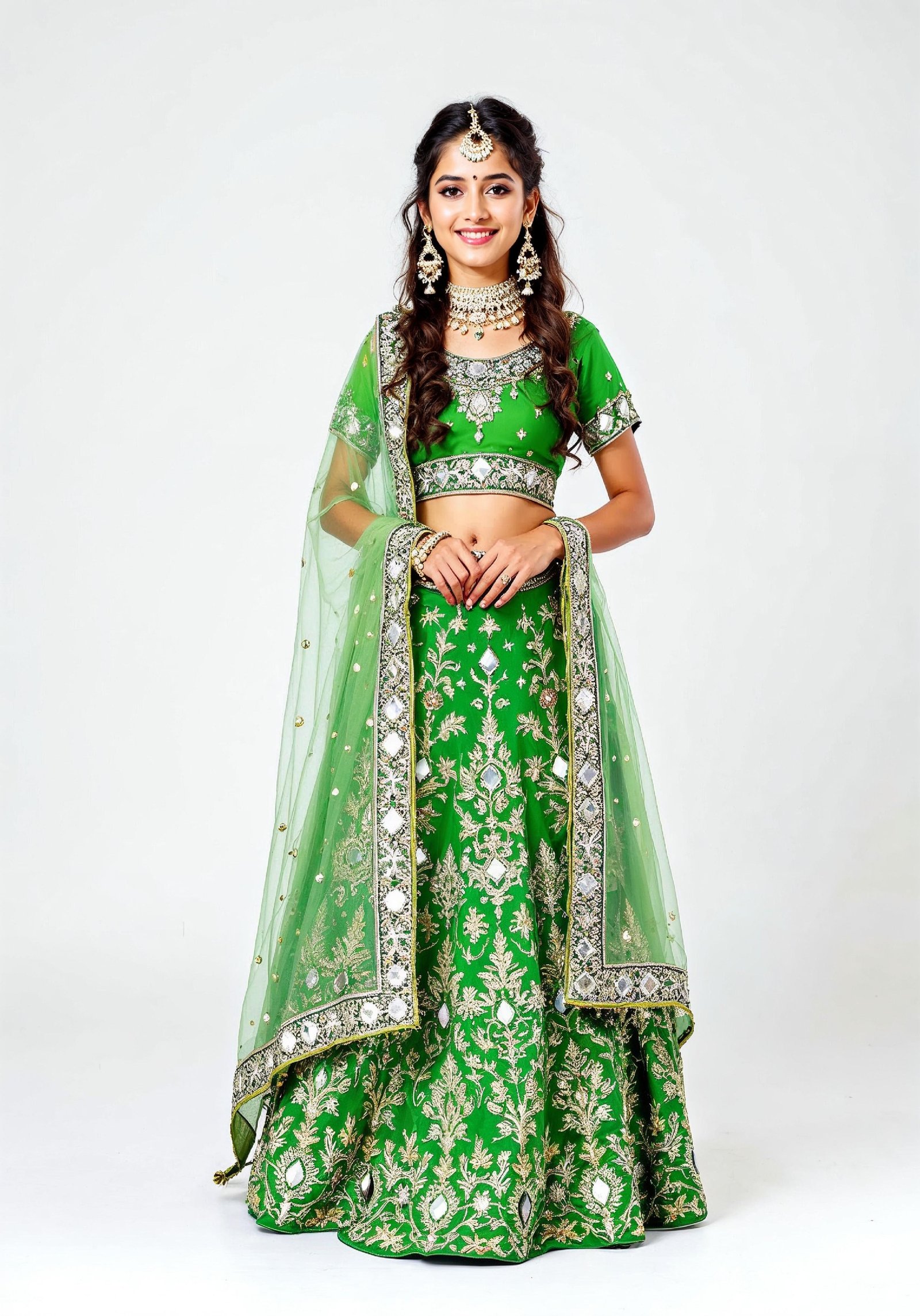 Beautiful Indian Girl in Traditional Lehenga Choli Standing Isolated on White Background