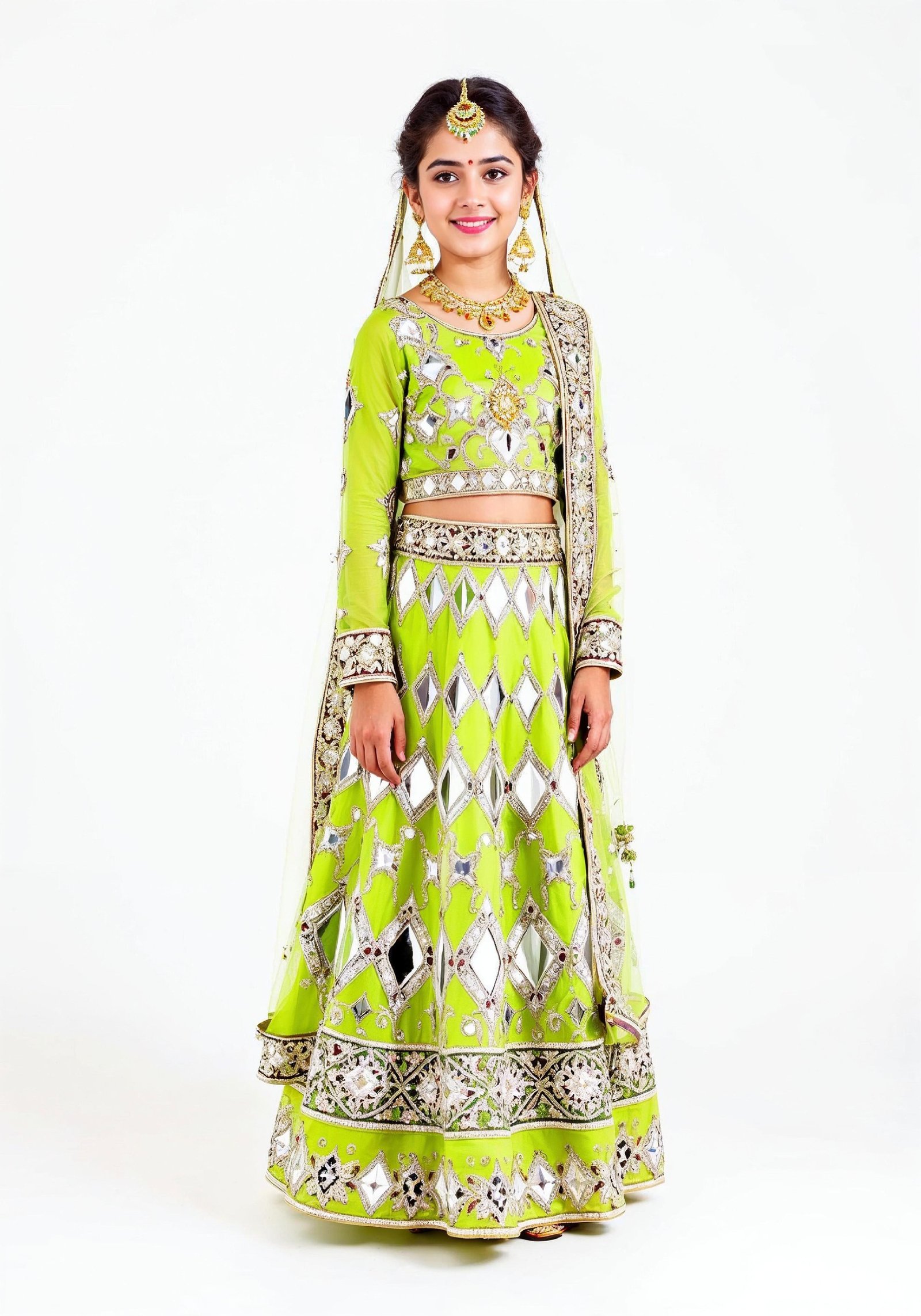 Beautiful Indian Girl in Traditional Lehenga Choli Standing Isolated on White Background